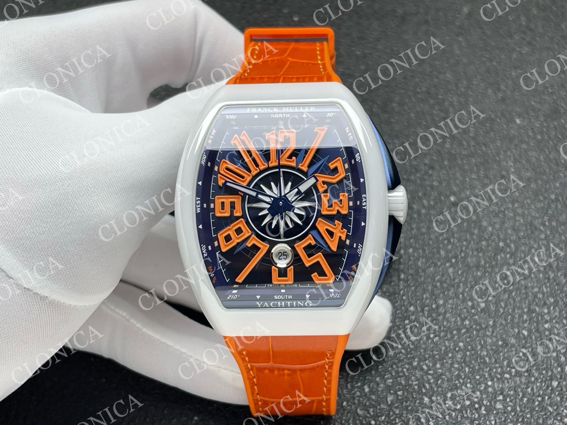 VANGUARD V45 WHITE CERAMIC CASE BLUE ORANGE TEXTURED DIAL ON ORANGE GUMMY STRAP A2824 — view 1