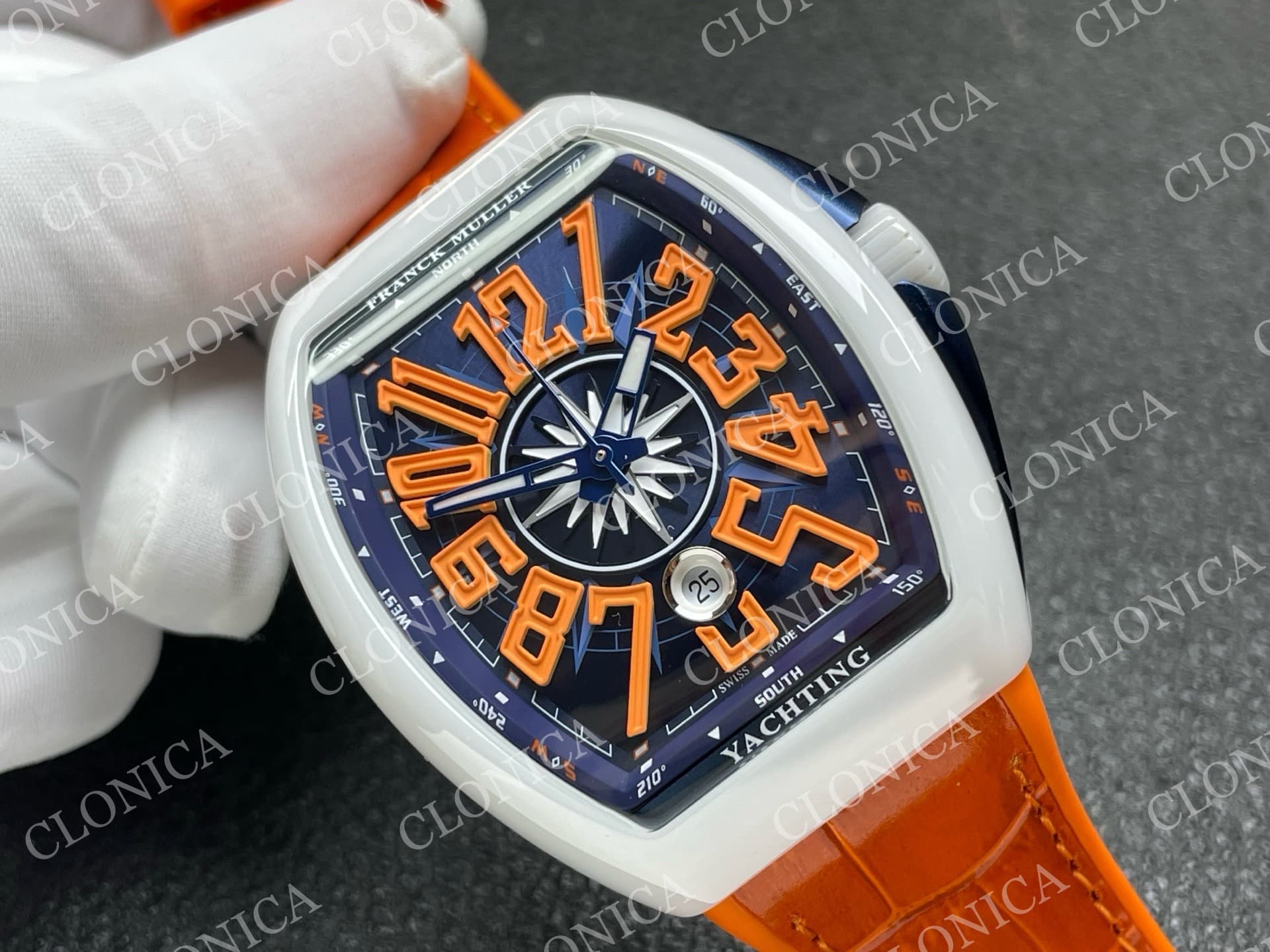 VANGUARD V45 WHITE CERAMIC CASE BLUE ORANGE TEXTURED DIAL ON ORANGE GUMMY STRAP A2824 — view 2