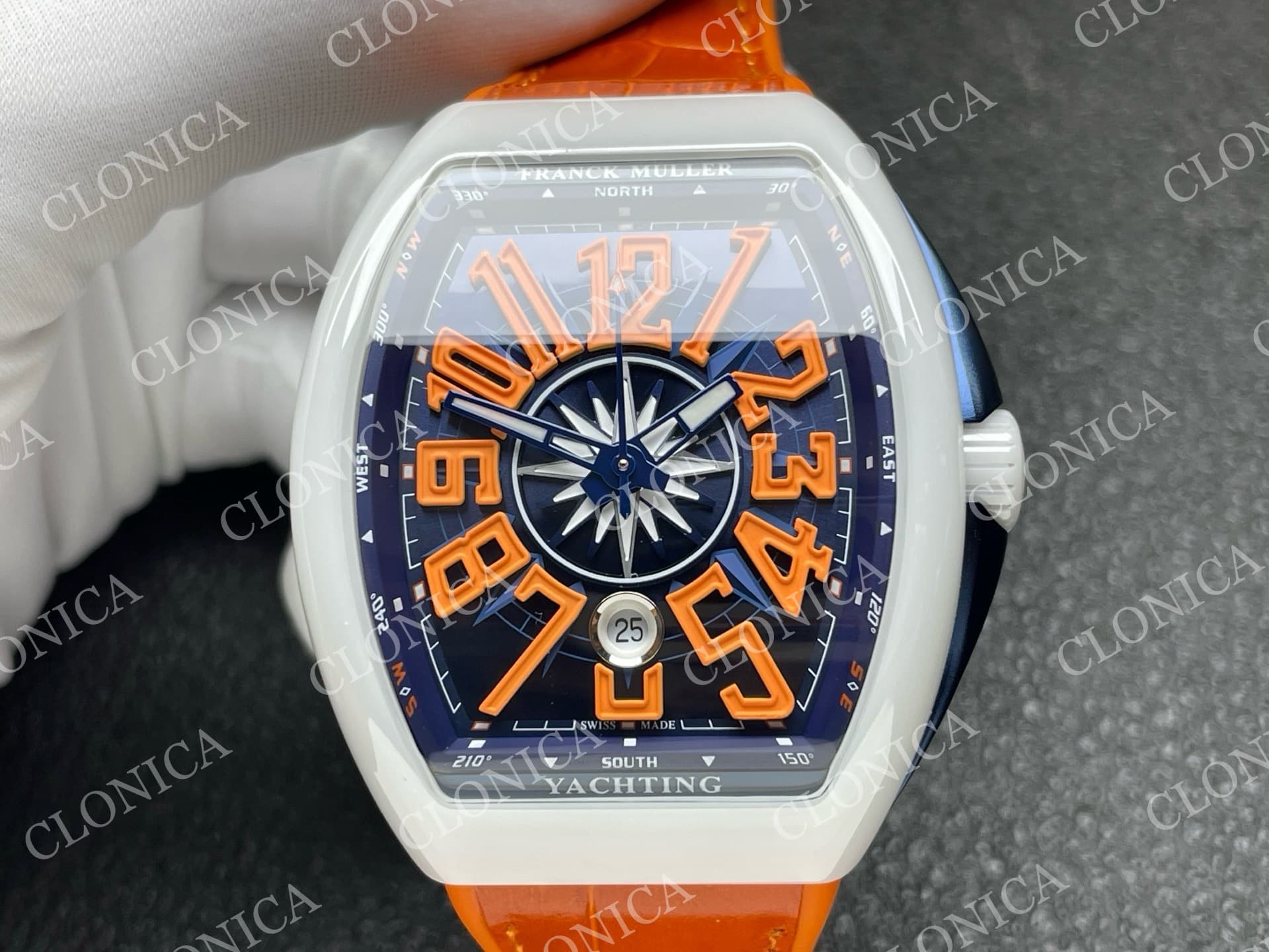 VANGUARD V45 WHITE CERAMIC CASE BLUE ORANGE TEXTURED DIAL ON ORANGE GUMMY STRAP A2824 — view 3