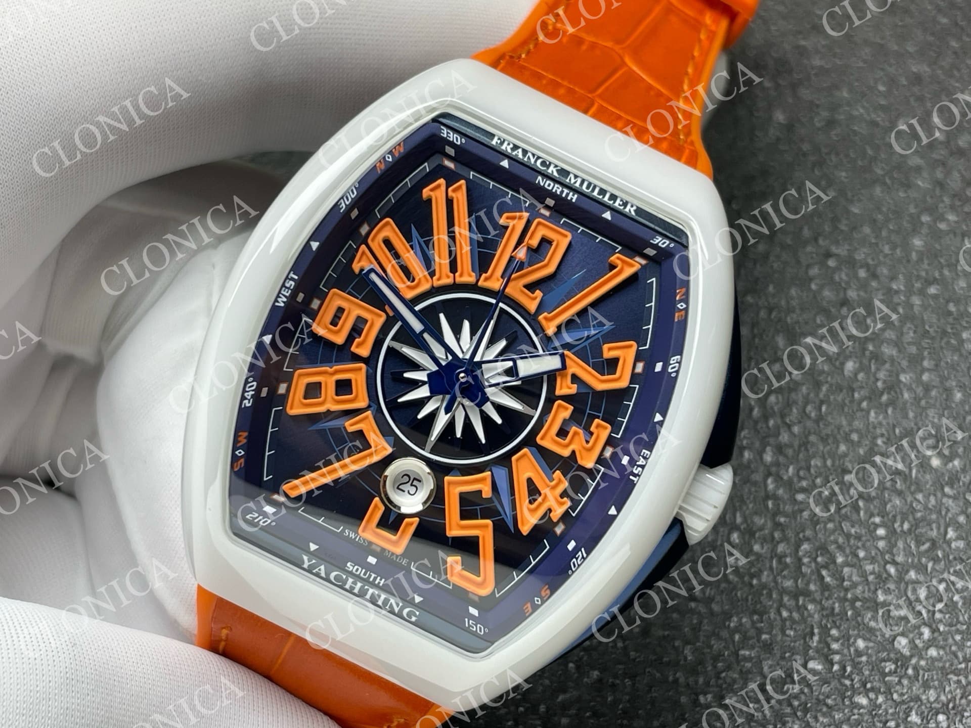 VANGUARD V45 WHITE CERAMIC CASE BLUE ORANGE TEXTURED DIAL ON ORANGE GUMMY STRAP A2824 — view 4