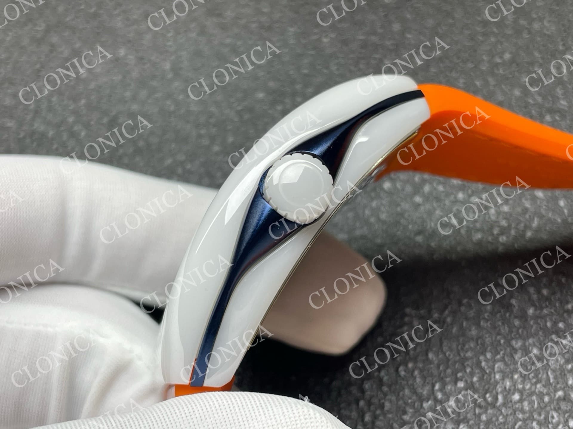 VANGUARD V45 WHITE CERAMIC CASE BLUE ORANGE TEXTURED DIAL ON ORANGE GUMMY STRAP A2824 — view 7