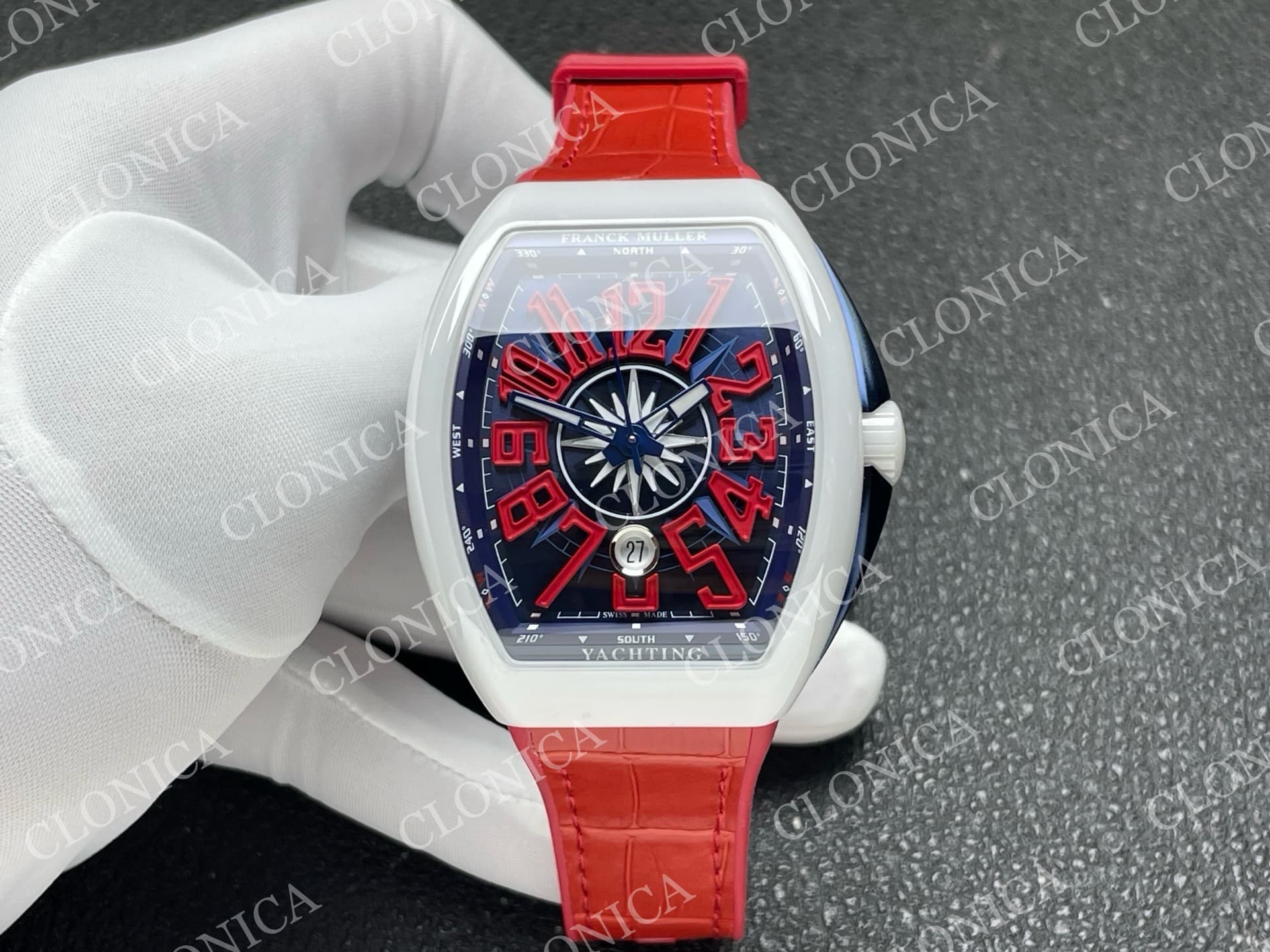 VANGUARD V45 WHITE CERAMIC CASE BLUE RED TEXTURED DIAL ON RED GUMMY STRAP A2824 — view 1