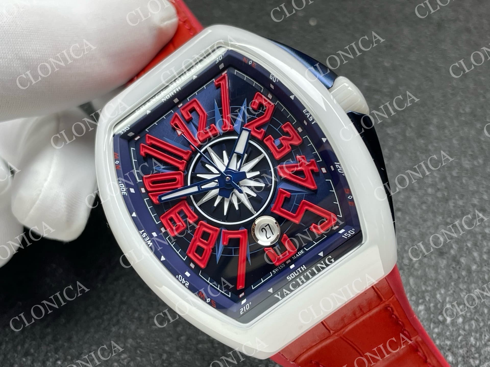 VANGUARD V45 WHITE CERAMIC CASE BLUE RED TEXTURED DIAL ON RED GUMMY STRAP A2824 — view 2