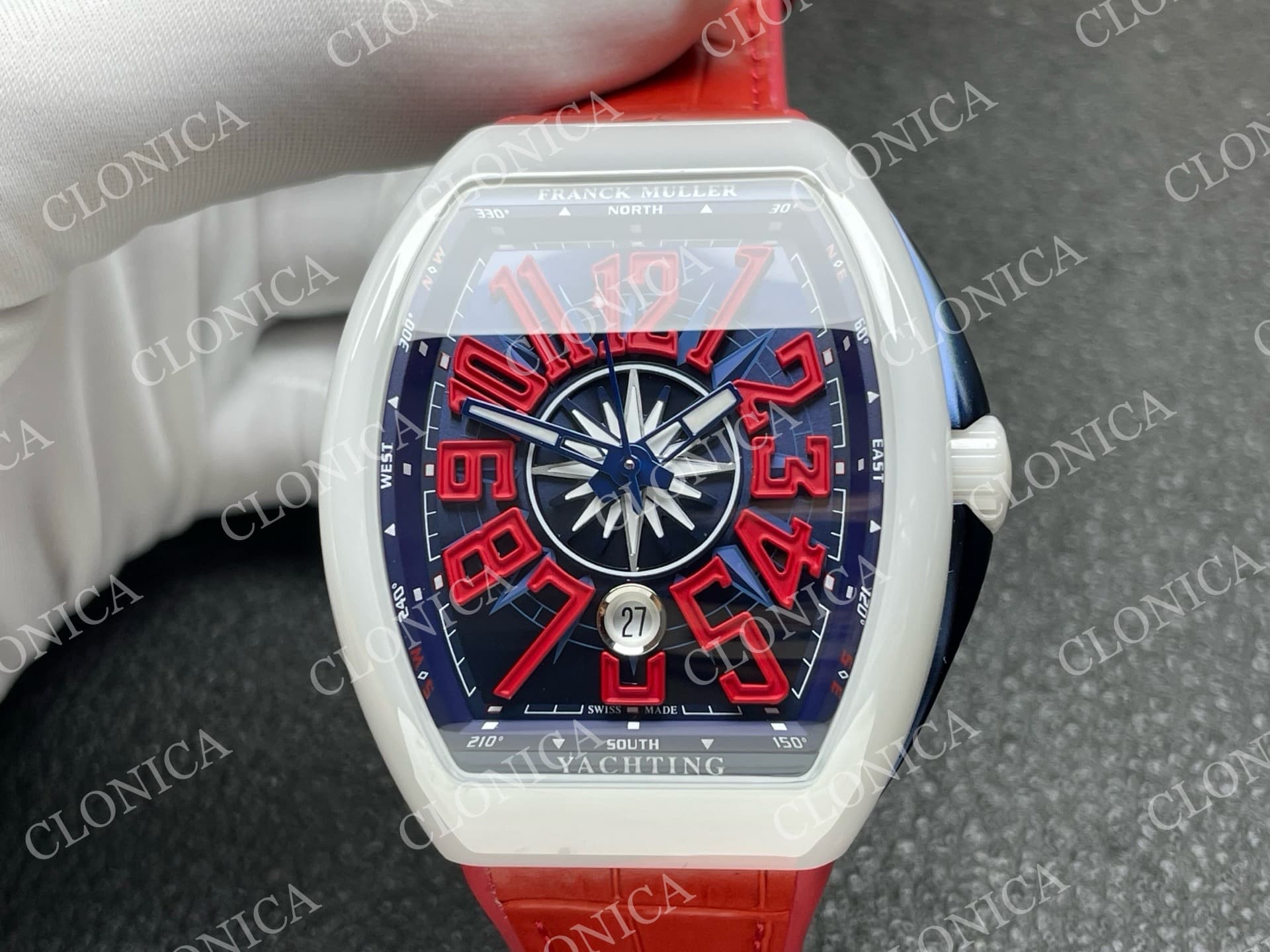 VANGUARD V45 WHITE CERAMIC CASE BLUE RED TEXTURED DIAL ON RED GUMMY STRAP A2824 — view 3