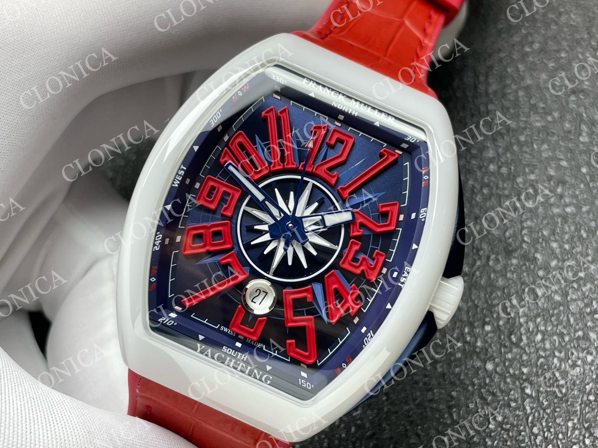VANGUARD V45 WHITE CERAMIC CASE BLUE RED TEXTURED DIAL ON RED GUMMY STRAP A2824 — view 4