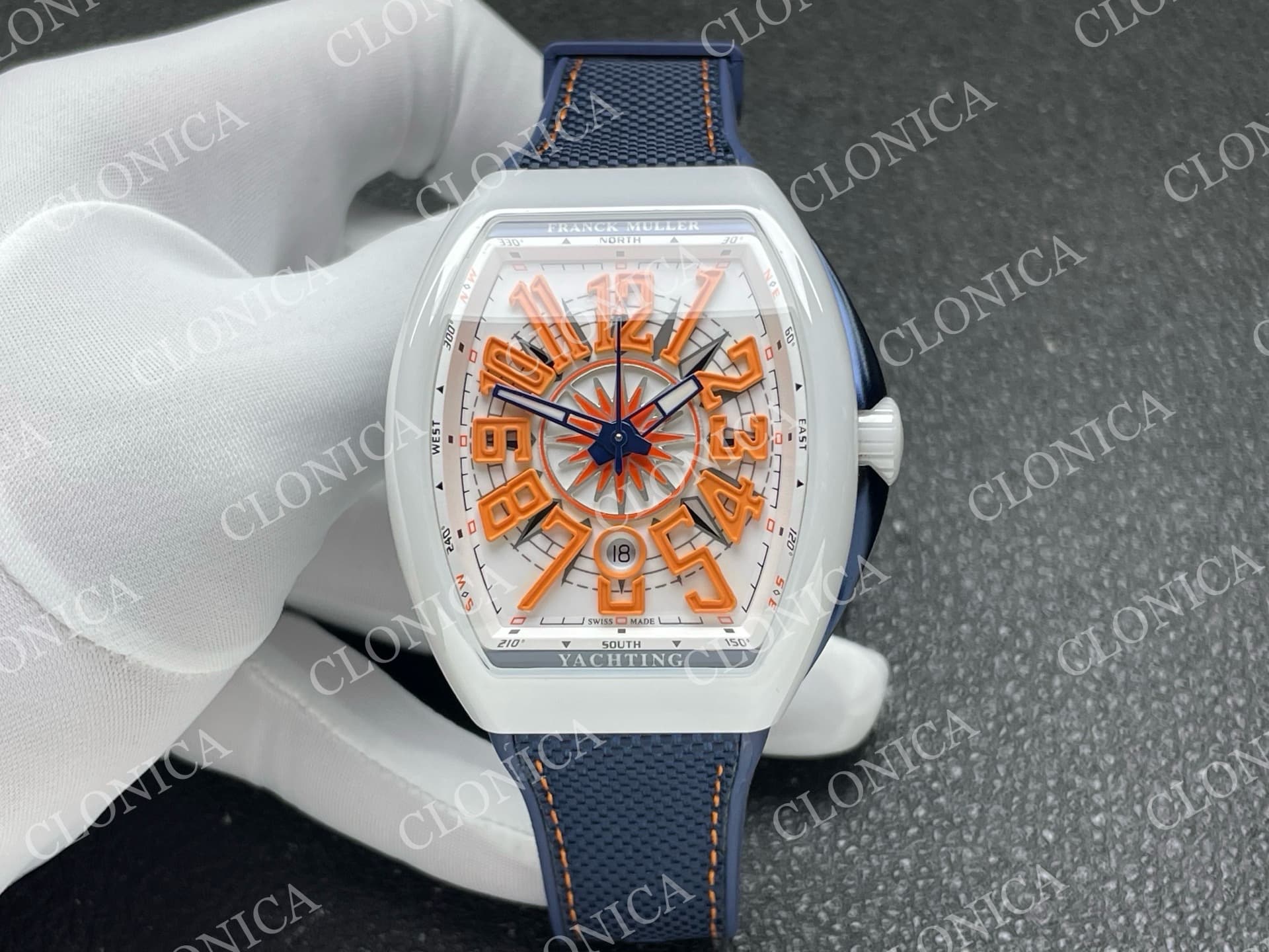 VANGUARD V45 WHITE CERAMIC CASE WHITE ORANGE TEXTURED DIAL ON BLUE GUMMY STRAP A2824 — view 1
