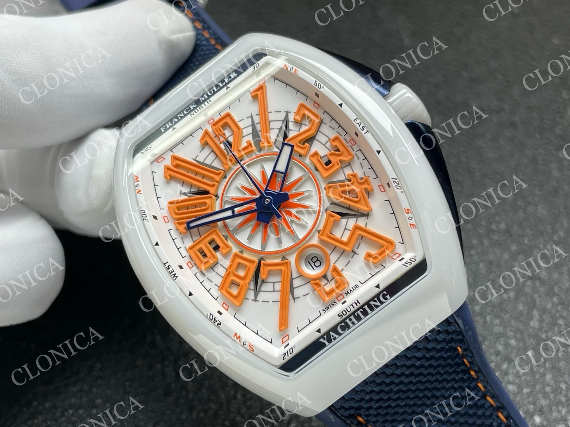 VANGUARD V45 WHITE CERAMIC CASE WHITE ORANGE TEXTURED DIAL ON BLUE GUMMY STRAP A2824 — view 2