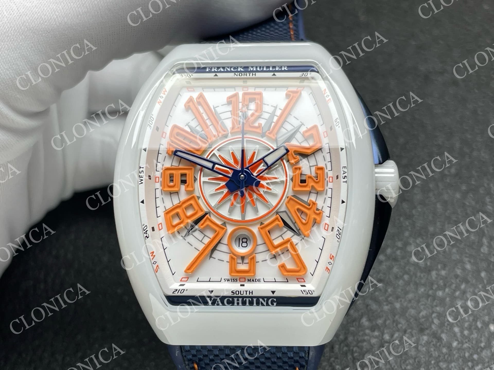 VANGUARD V45 WHITE CERAMIC CASE WHITE ORANGE TEXTURED DIAL ON BLUE GUMMY STRAP A2824 — view 3