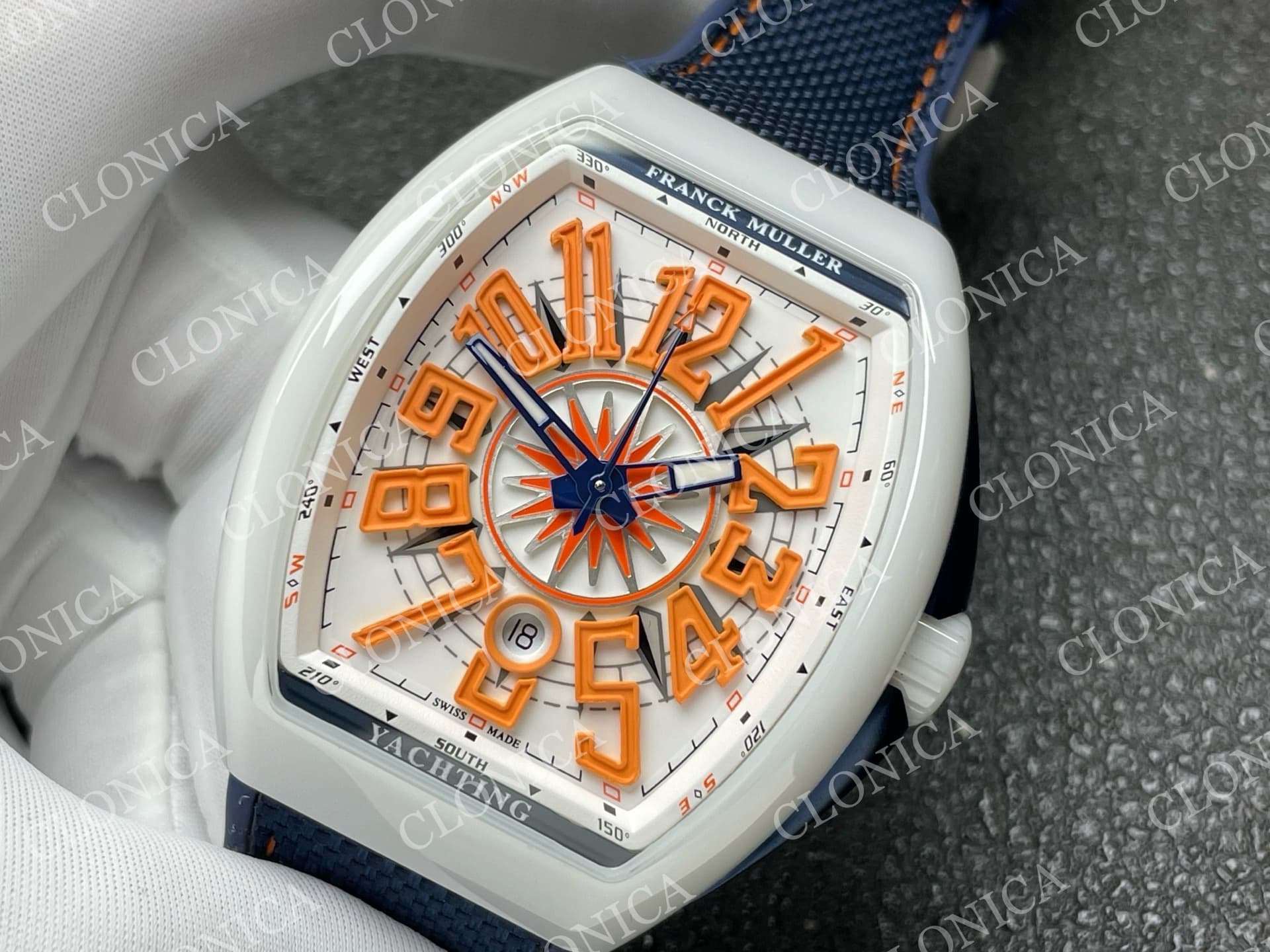 VANGUARD V45 WHITE CERAMIC CASE WHITE ORANGE TEXTURED DIAL ON BLUE GUMMY STRAP A2824 — view 4