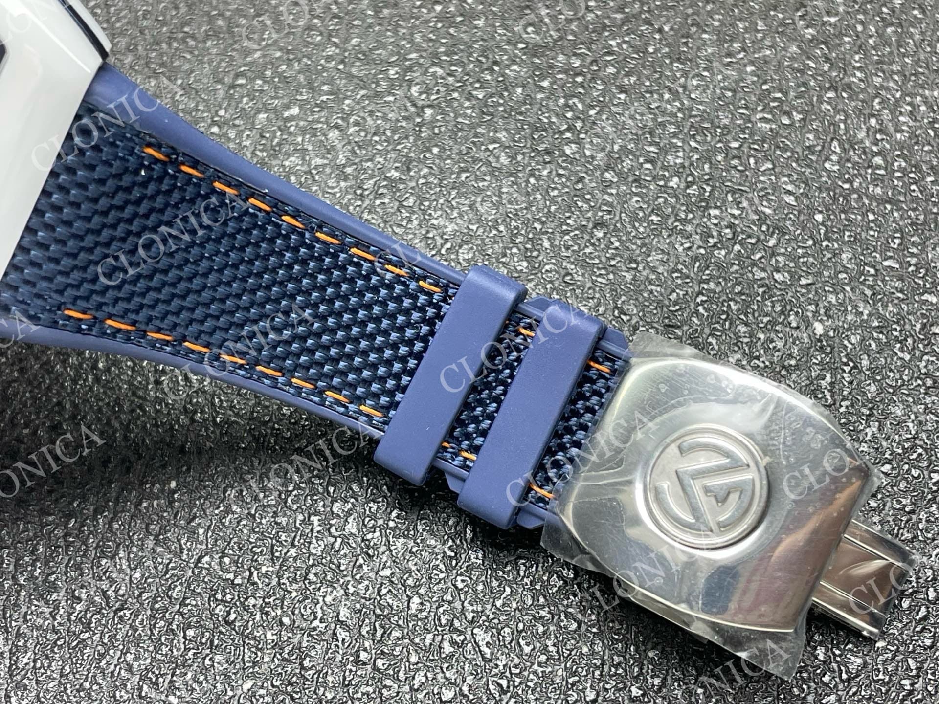 VANGUARD V45 WHITE CERAMIC CASE WHITE ORANGE TEXTURED DIAL ON BLUE GUMMY STRAP A2824 — view 5