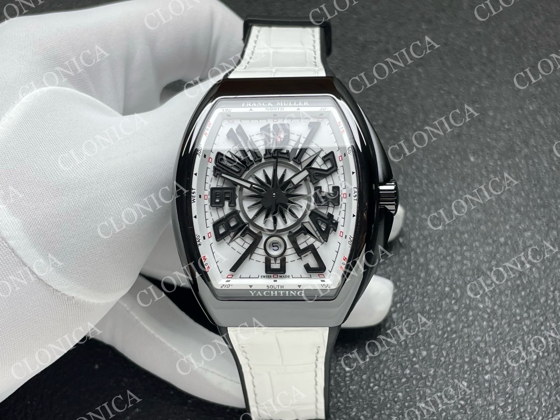 VANGUARD V45 BLACK CERAMIC CASE WHITE BLACK TEXTURED DIAL ON WHITE GUMMY STRAP A2824 — view 1