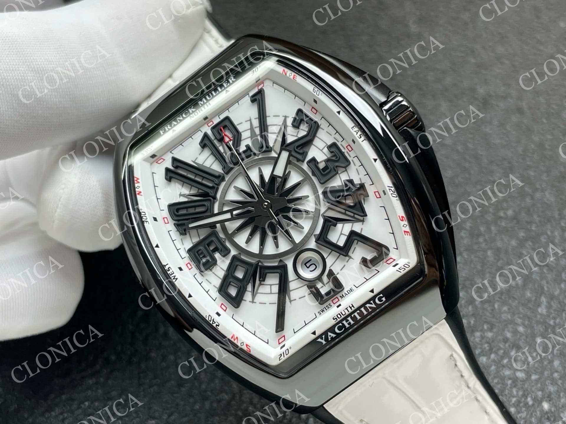 VANGUARD V45 BLACK CERAMIC CASE WHITE BLACK TEXTURED DIAL ON WHITE GUMMY STRAP A2824 — view 2