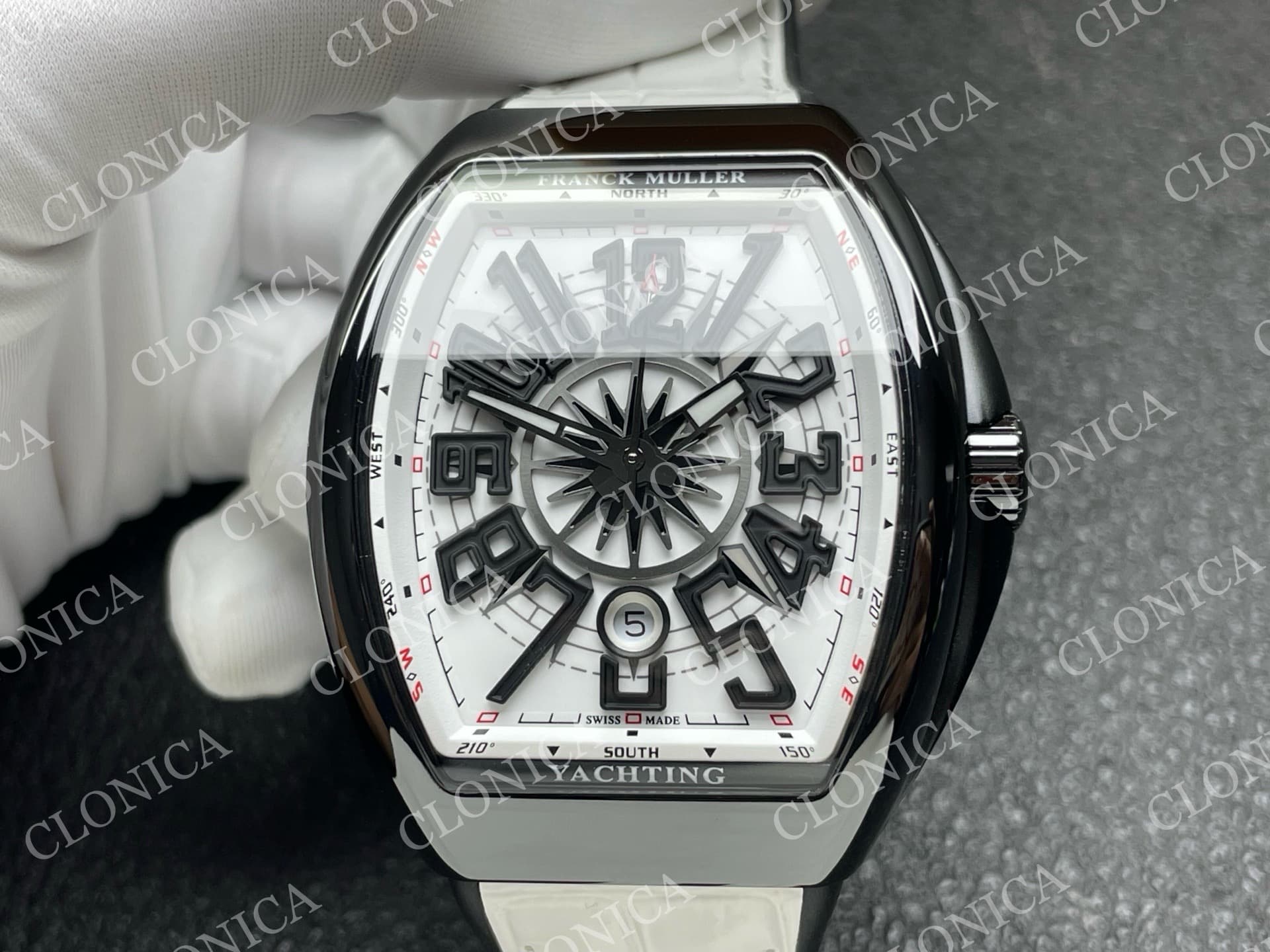 VANGUARD V45 BLACK CERAMIC CASE WHITE BLACK TEXTURED DIAL ON WHITE GUMMY STRAP A2824 — view 3