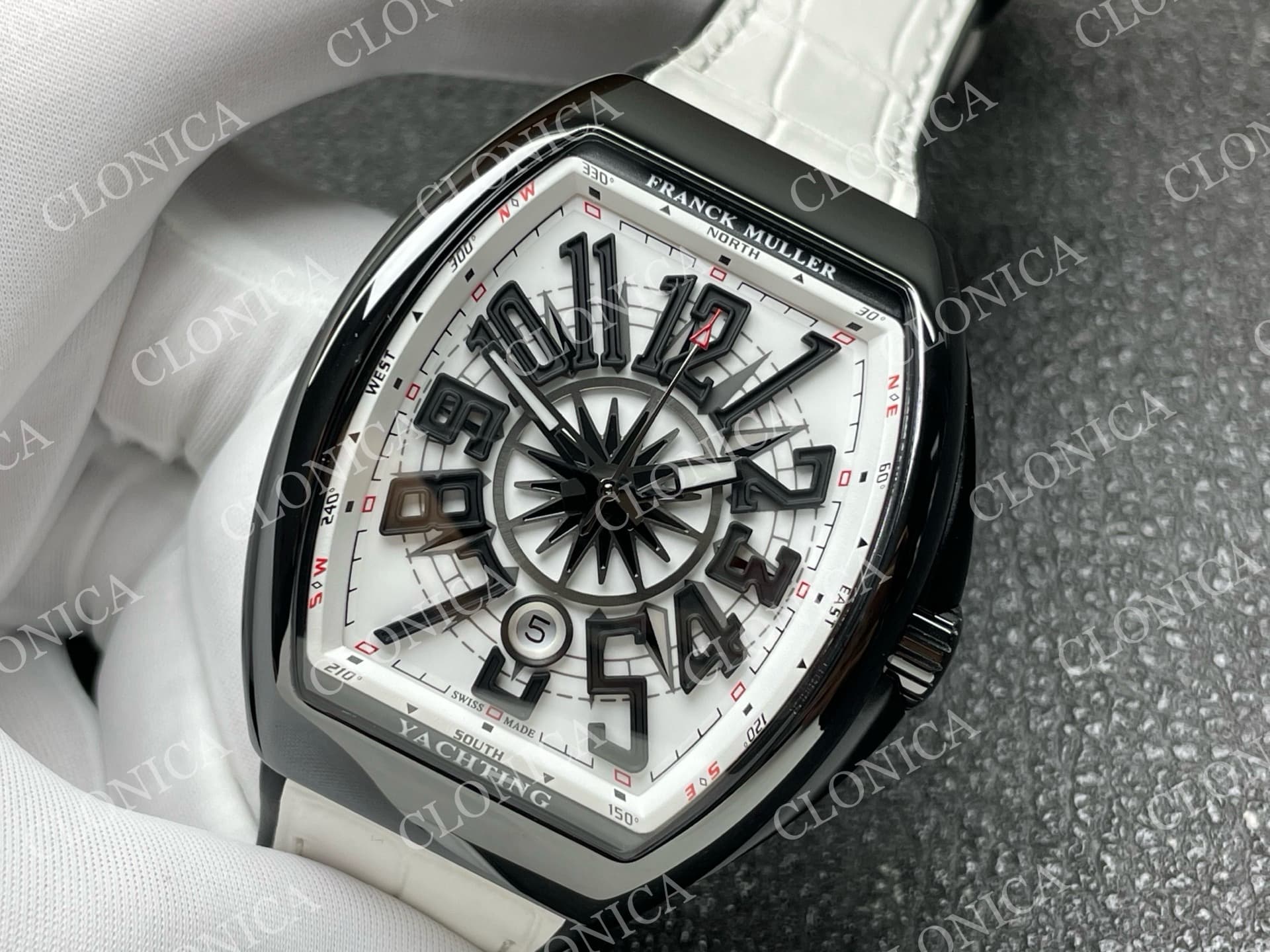 VANGUARD V45 BLACK CERAMIC CASE WHITE BLACK TEXTURED DIAL ON WHITE GUMMY STRAP A2824 — view 4