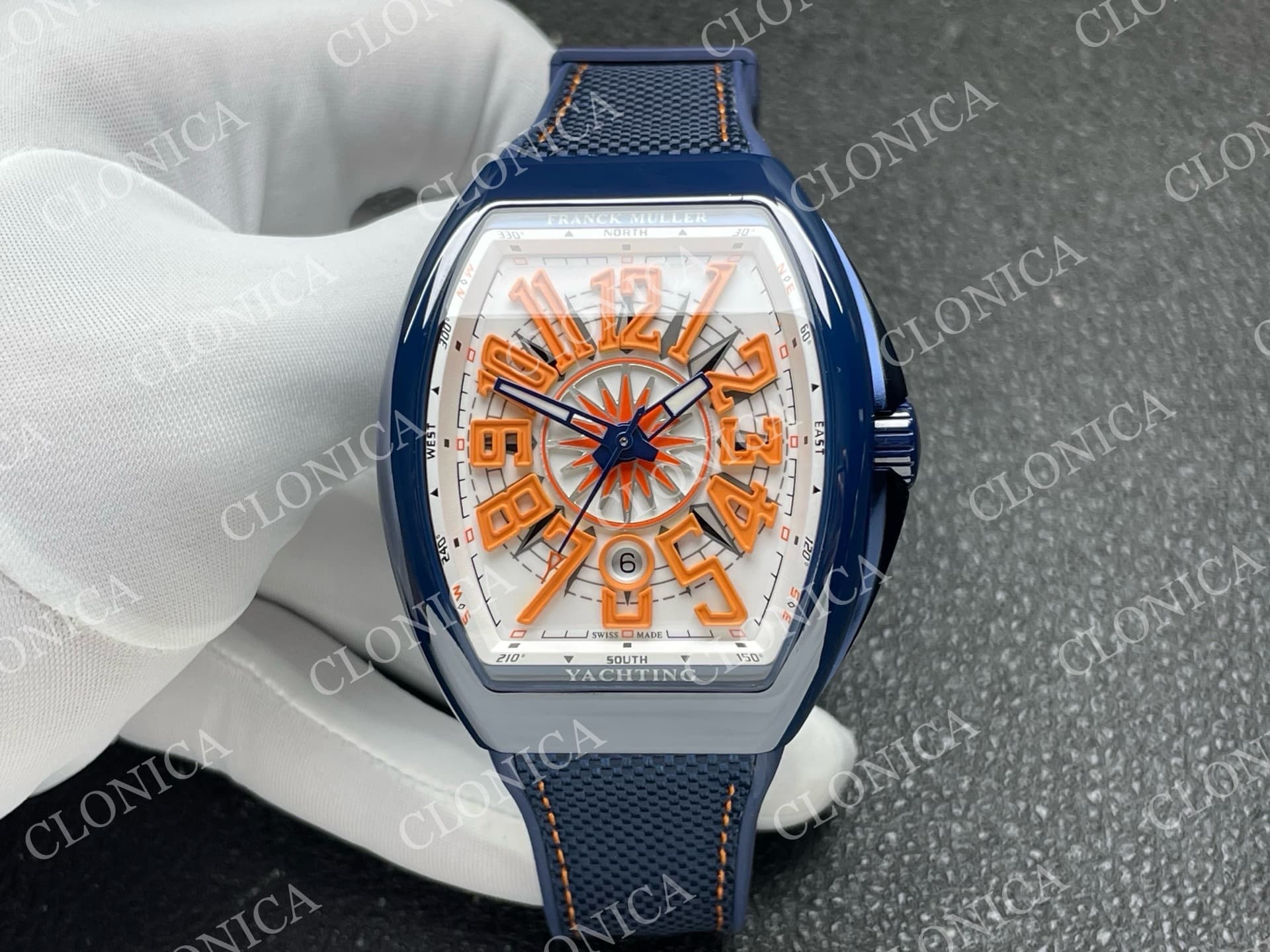 VANGUARD V45 BLUE CERAMIC CASE WHITE ORANGETEXTURED DIAL ON BLUE GUMMY STRAP A2824 — view 1