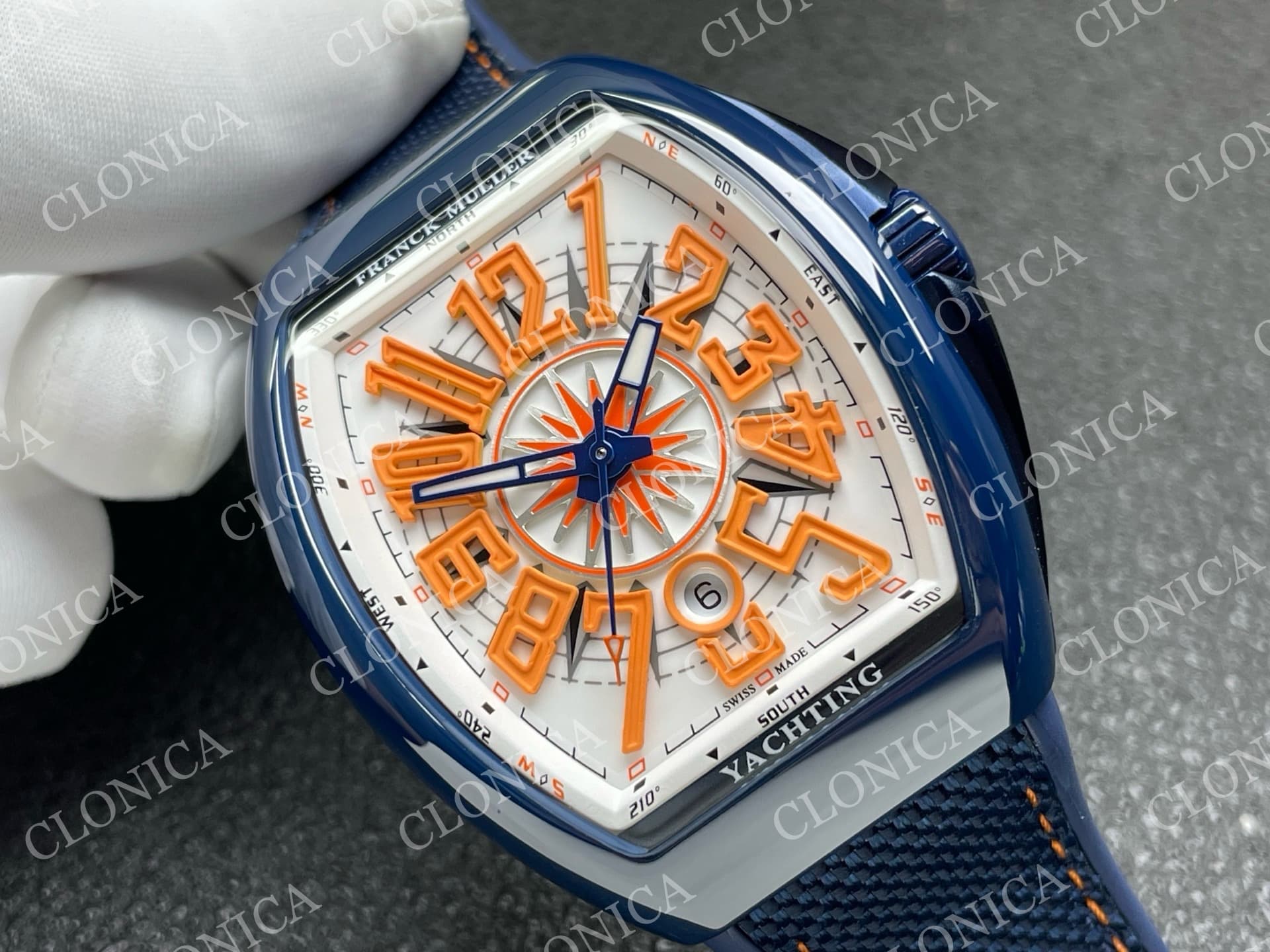 VANGUARD V45 BLUE CERAMIC CASE WHITE ORANGETEXTURED DIAL ON BLUE GUMMY STRAP A2824 — view 2