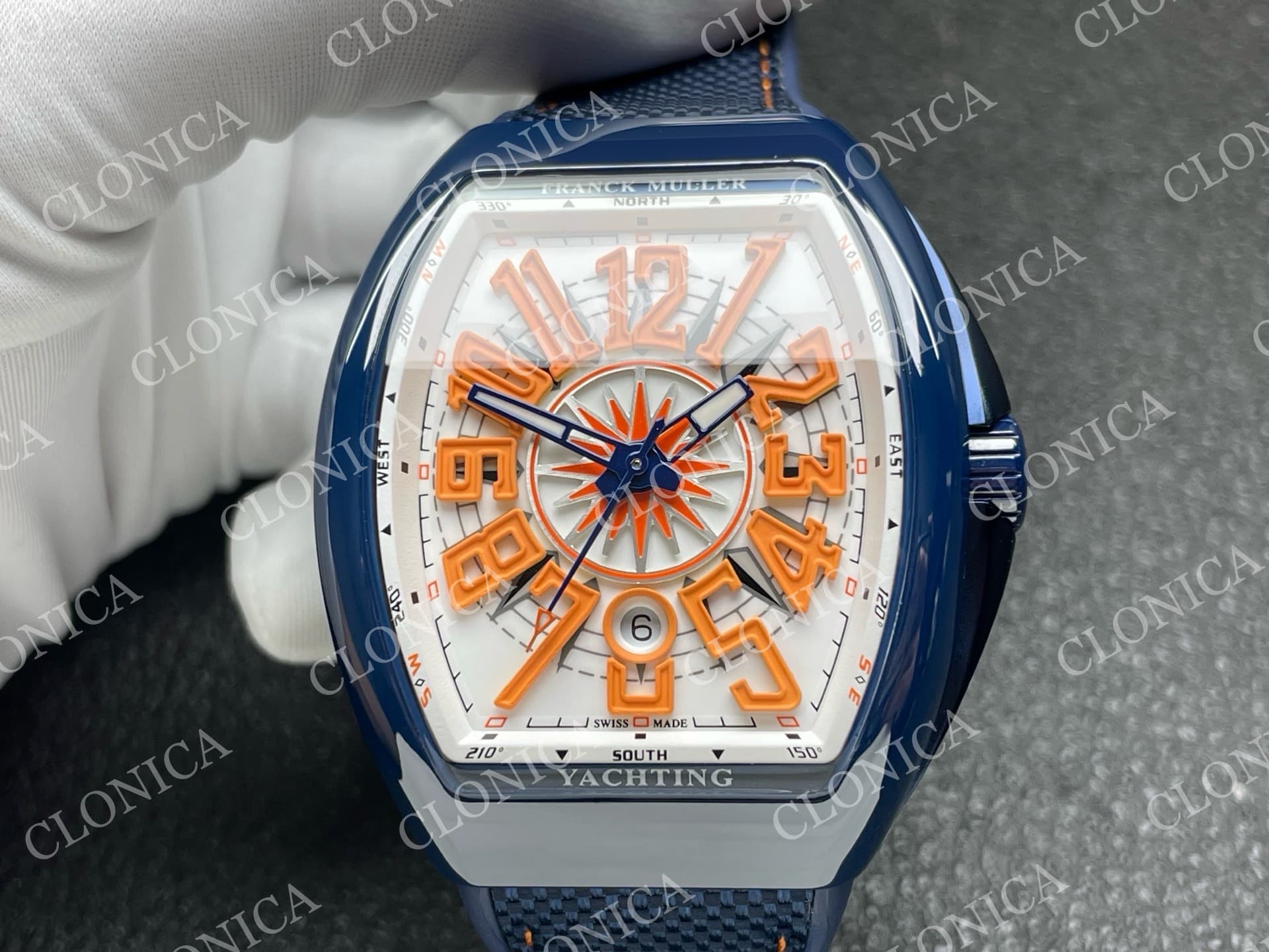 VANGUARD V45 BLUE CERAMIC CASE WHITE ORANGETEXTURED DIAL ON BLUE GUMMY STRAP A2824 — view 3