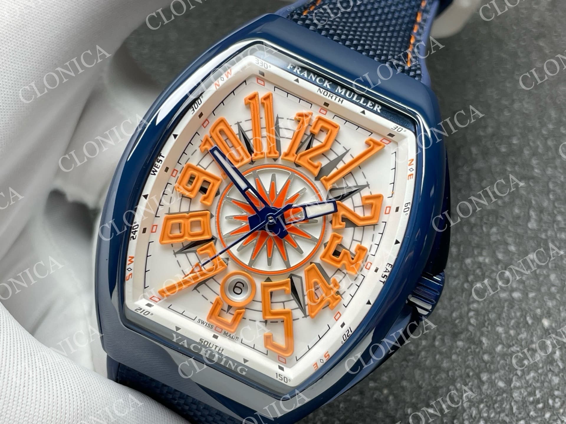 VANGUARD V45 BLUE CERAMIC CASE WHITE ORANGETEXTURED DIAL ON BLUE GUMMY STRAP A2824 — view 4