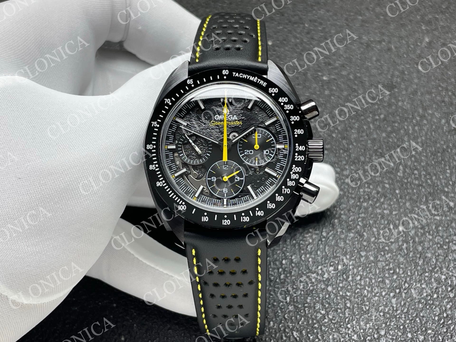 SPEEDMASTER 44MM CERAMIC BLACK SKELETON DIAL YELLOW HANDS ON BLACK LEATHER STRAP — view 1