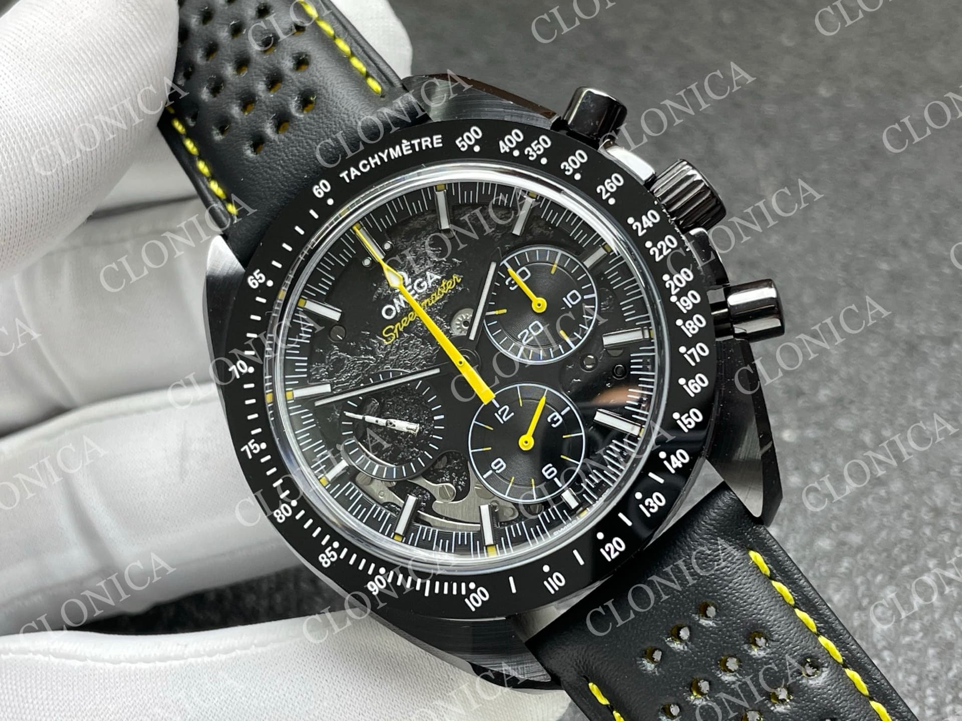 SPEEDMASTER 44MM CERAMIC BLACK SKELETON DIAL YELLOW HANDS ON BLACK LEATHER STRAP — view 2