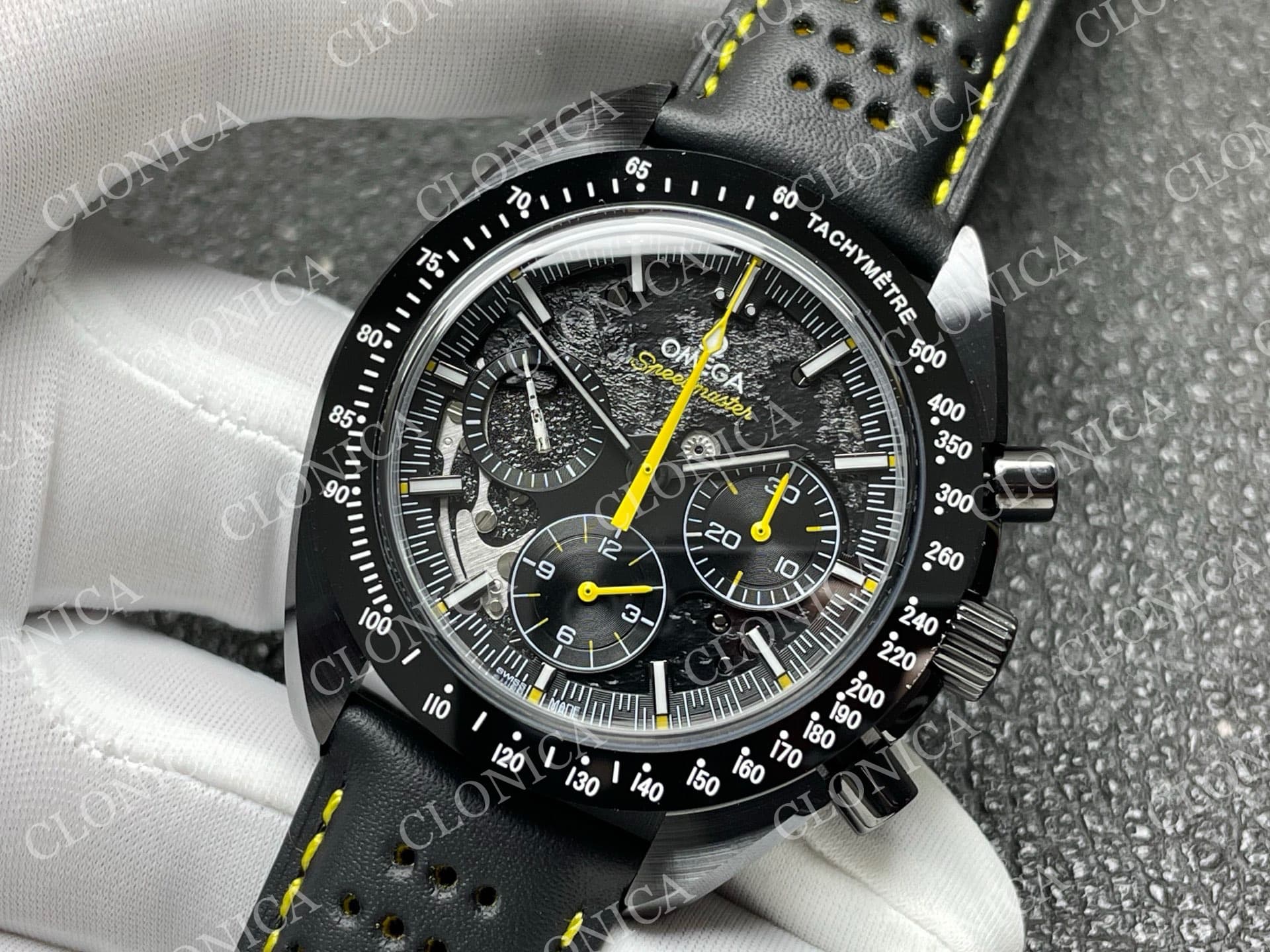 SPEEDMASTER 44MM CERAMIC BLACK SKELETON DIAL YELLOW HANDS ON BLACK LEATHER STRAP — view 4