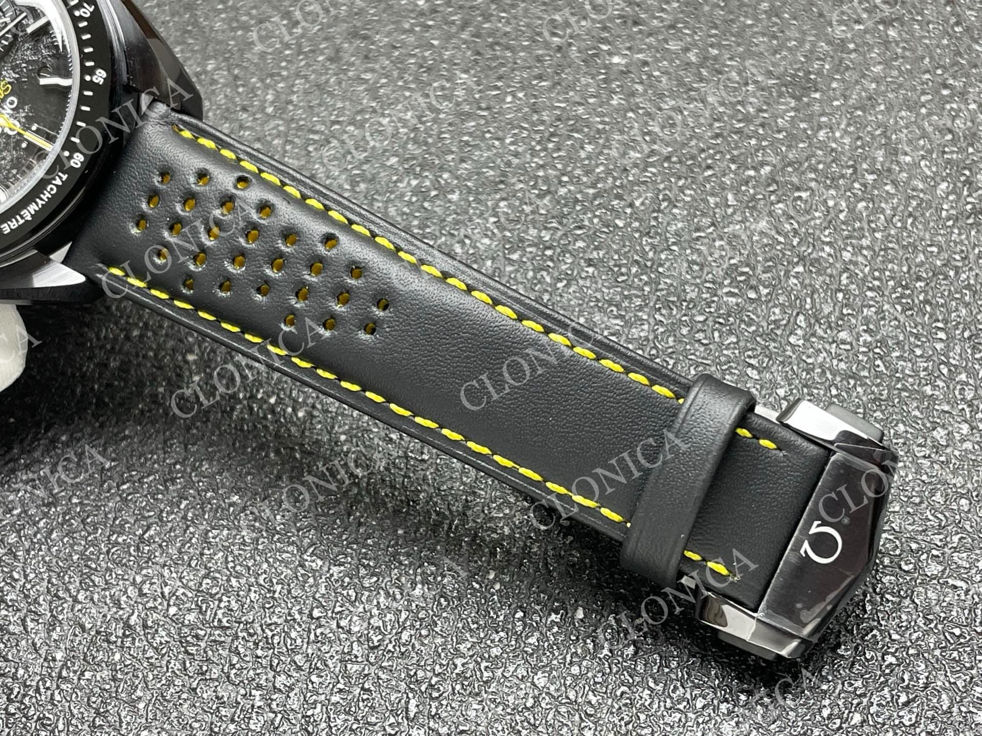 SPEEDMASTER 44MM CERAMIC BLACK SKELETON DIAL YELLOW HANDS ON BLACK LEATHER STRAP — view 5