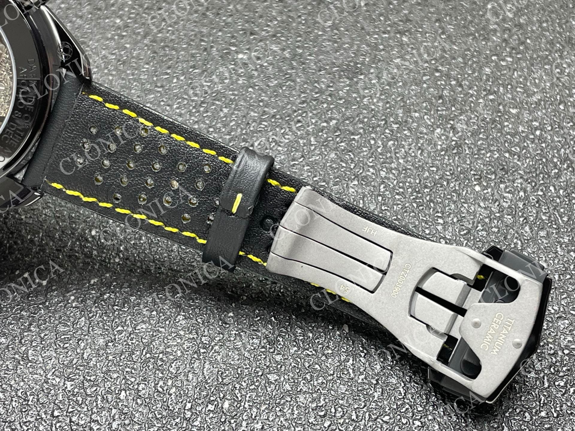 SPEEDMASTER 44MM CERAMIC BLACK SKELETON DIAL YELLOW HANDS ON BLACK LEATHER STRAP — view 6