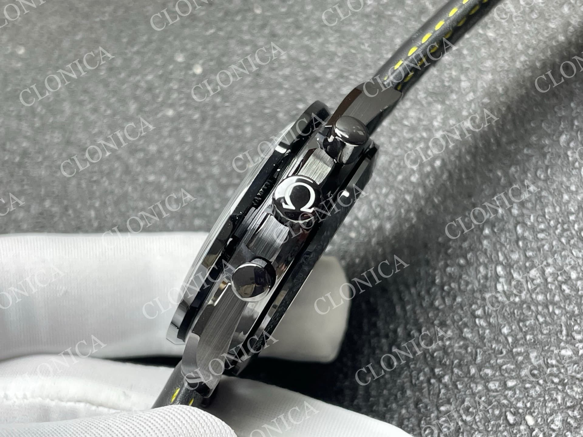 SPEEDMASTER 44MM CERAMIC BLACK SKELETON DIAL YELLOW HANDS ON BLACK LEATHER STRAP — view 7