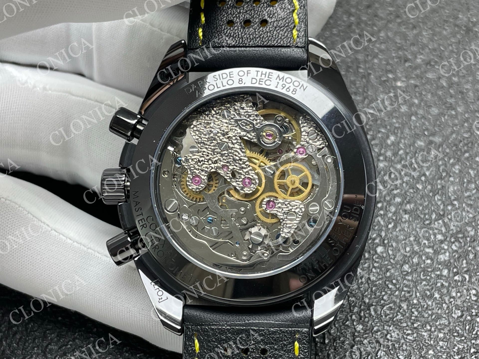 SPEEDMASTER 44MM CERAMIC BLACK SKELETON DIAL YELLOW HANDS ON BLACK LEATHER STRAP — view 8
