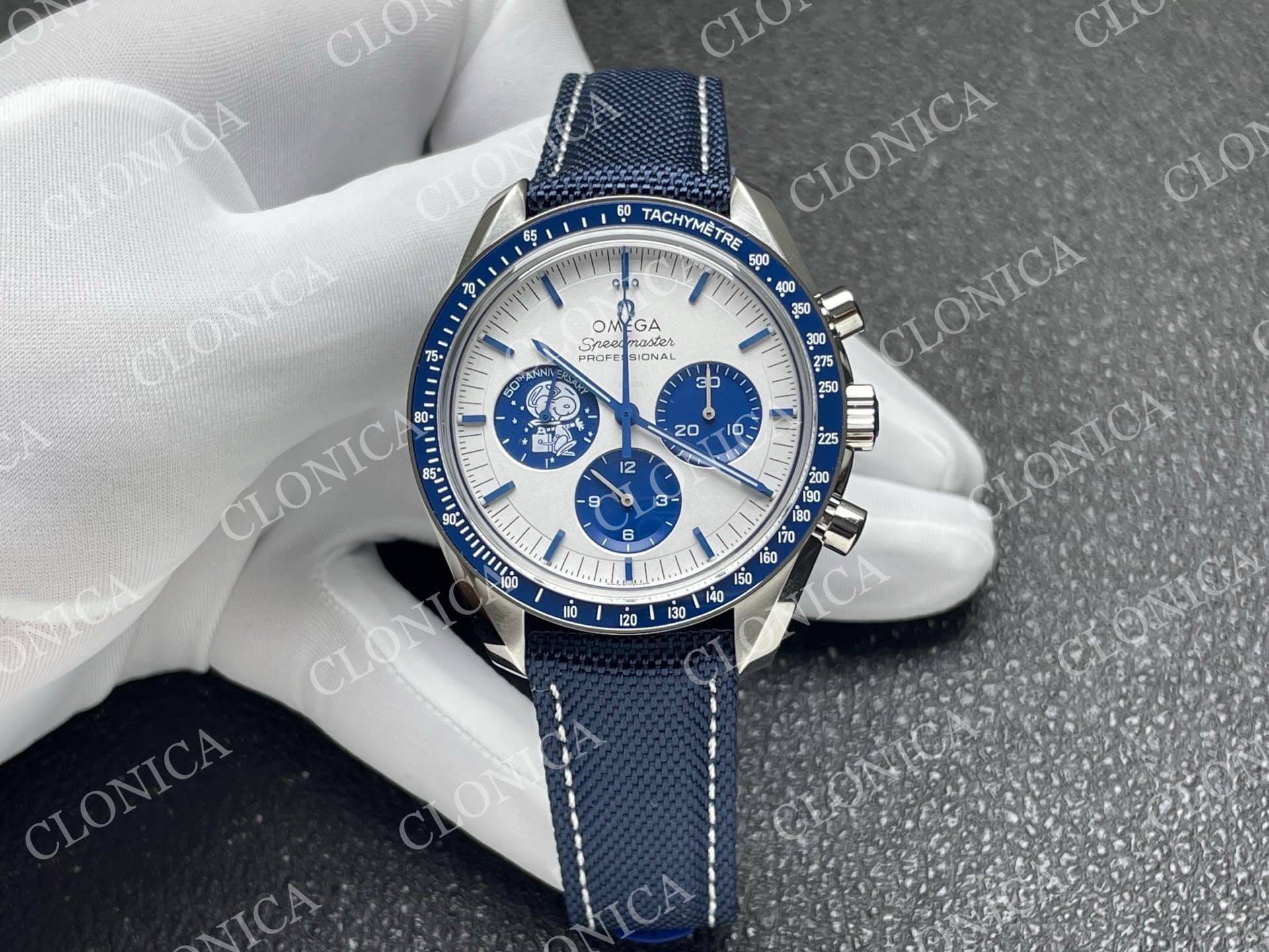SPEEDMASTER PROFESSIONAL SNOOPY SS SILVER DIAL BLUE MARKER ON BLUE NYLON STRAP A3861 — view 1