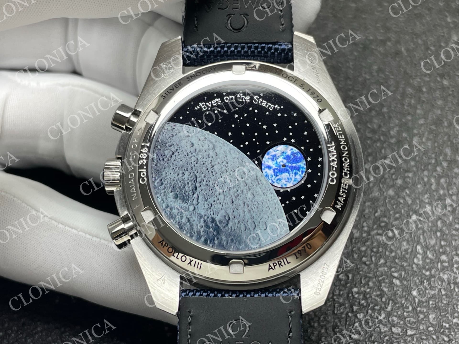 SPEEDMASTER PROFESSIONAL SNOOPY SS SILVER DIAL BLUE MARKER ON BLUE NYLON STRAP A3861 — view 8