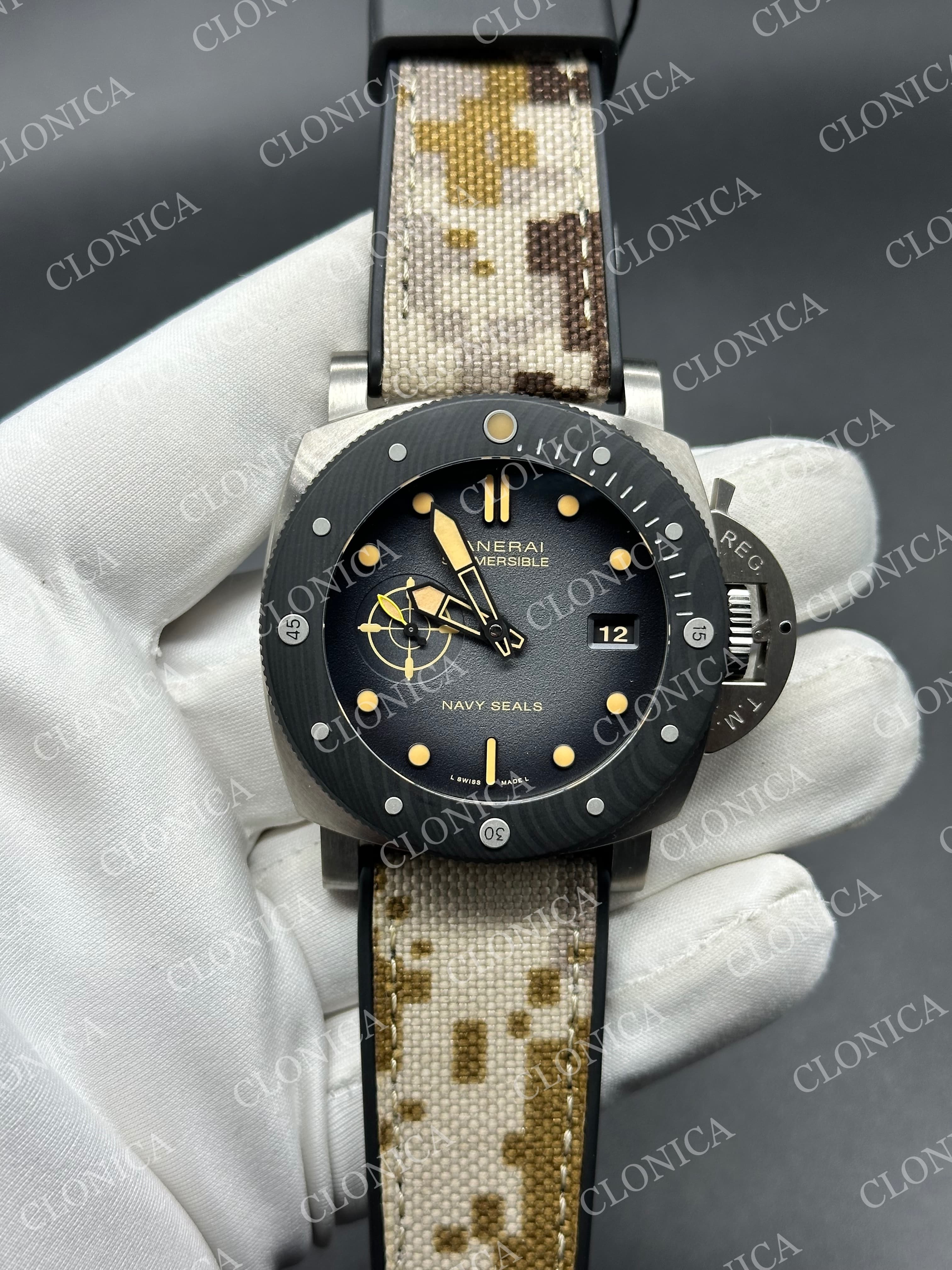 PAM1669 CARBOTECH 47MM OMBRE BLACK DIAL BLUE MARKERS ON CAMOUFLAGE STRAP P.900 CLONE — view 1