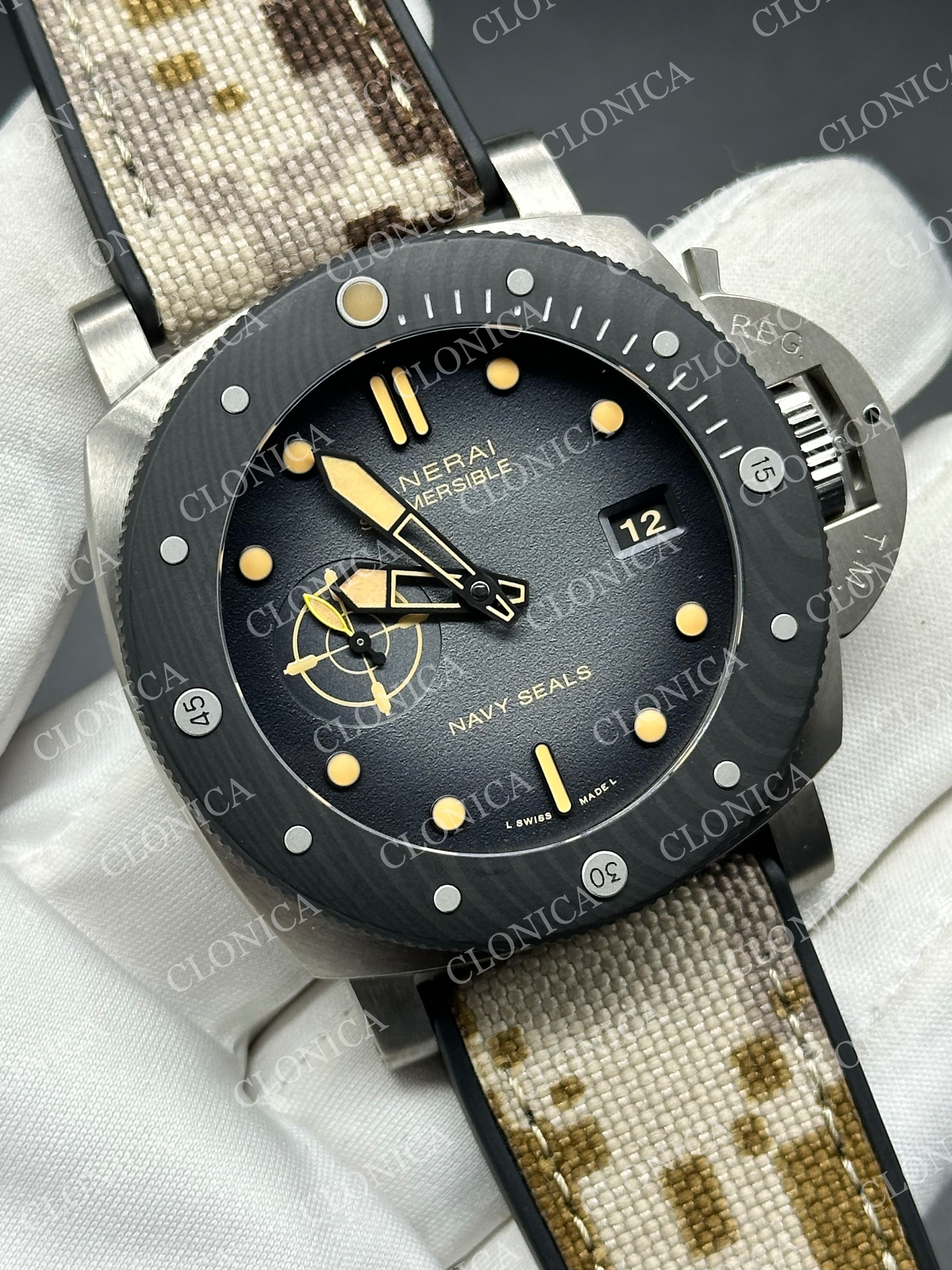 PAM1669 CARBOTECH 47MM OMBRE BLACK DIAL BLUE MARKERS ON CAMOUFLAGE STRAP P.900 CLONE — view 2