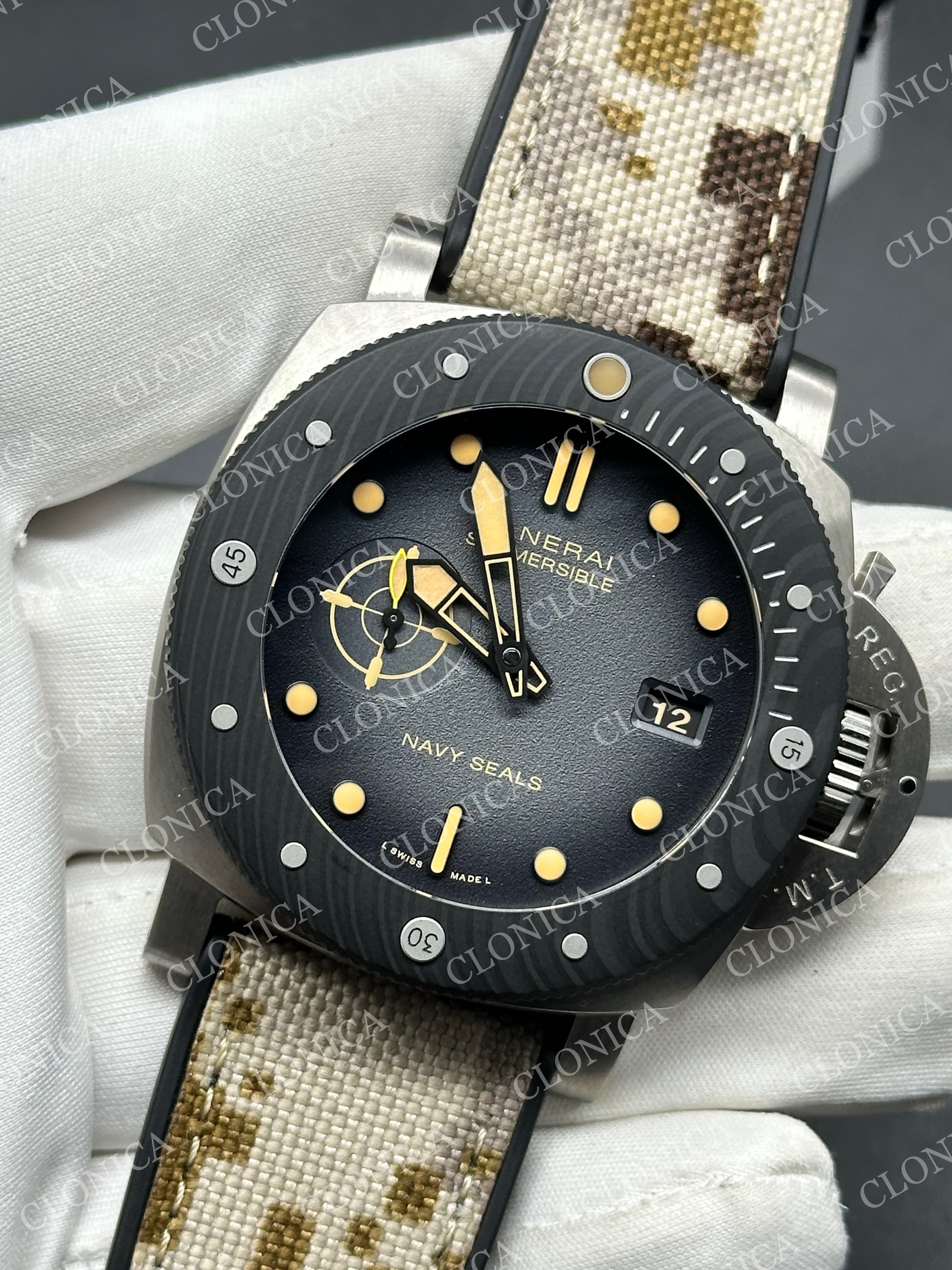 PAM1669 CARBOTECH 47MM OMBRE BLACK DIAL BLUE MARKERS ON CAMOUFLAGE STRAP P.900 CLONE — view 3