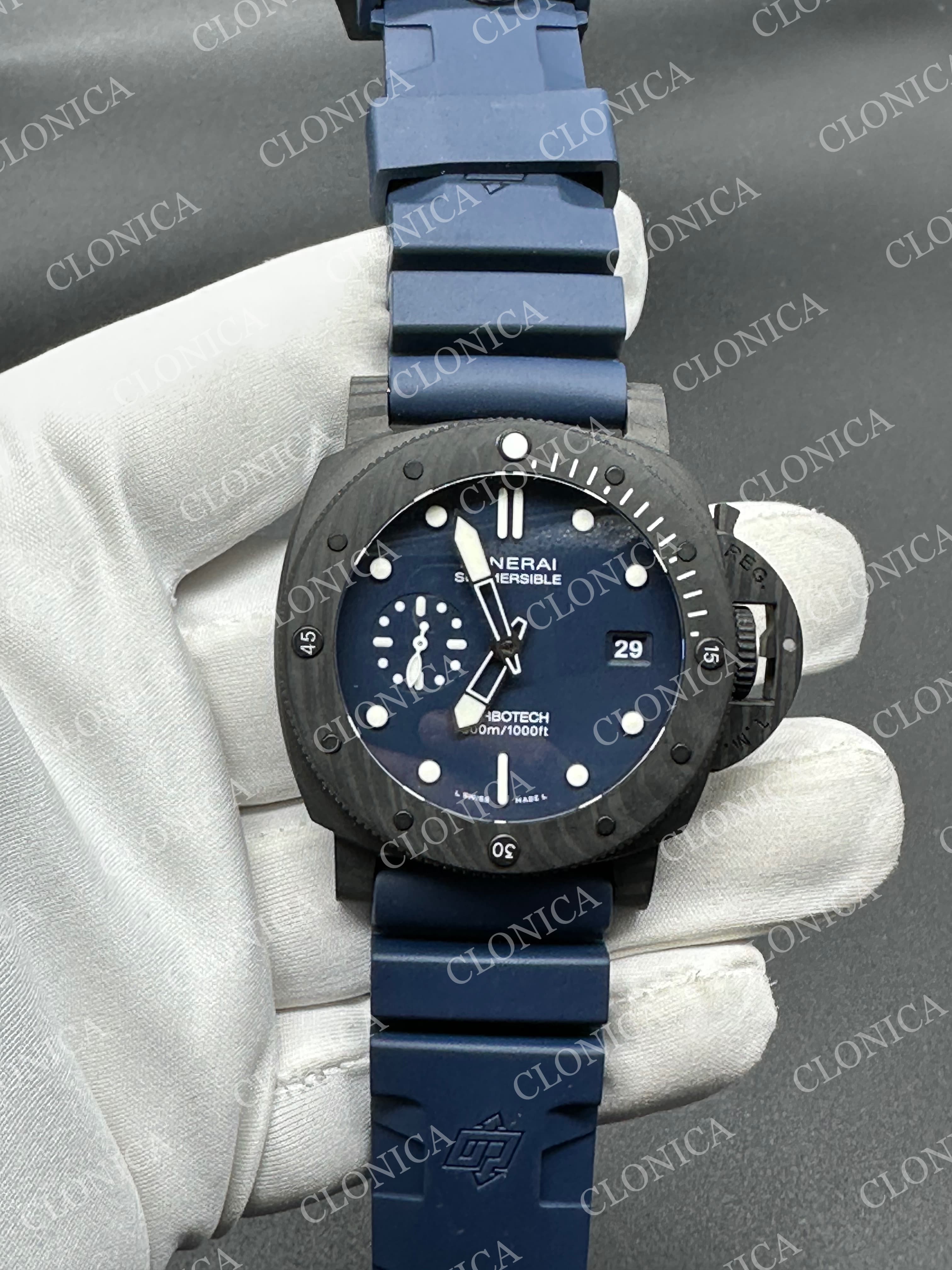 PAM1232 CARBOTECH 44MM BLUE DIAL BLUE MARKERS ON BLUE RUBBER STRAP P.9010 CLONE — view 1