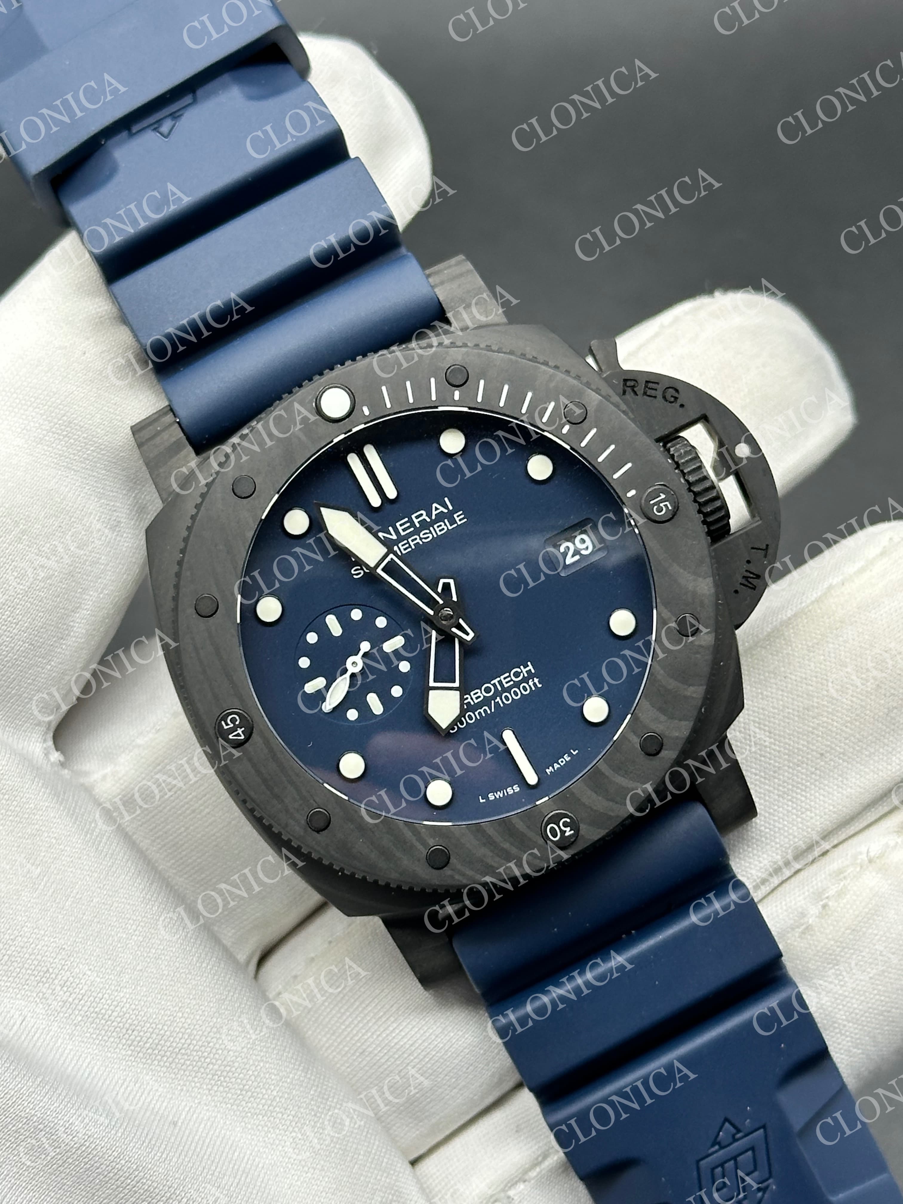 PAM1232 CARBOTECH 44MM BLUE DIAL BLUE MARKERS ON BLUE RUBBER STRAP P.9010 CLONE — view 2