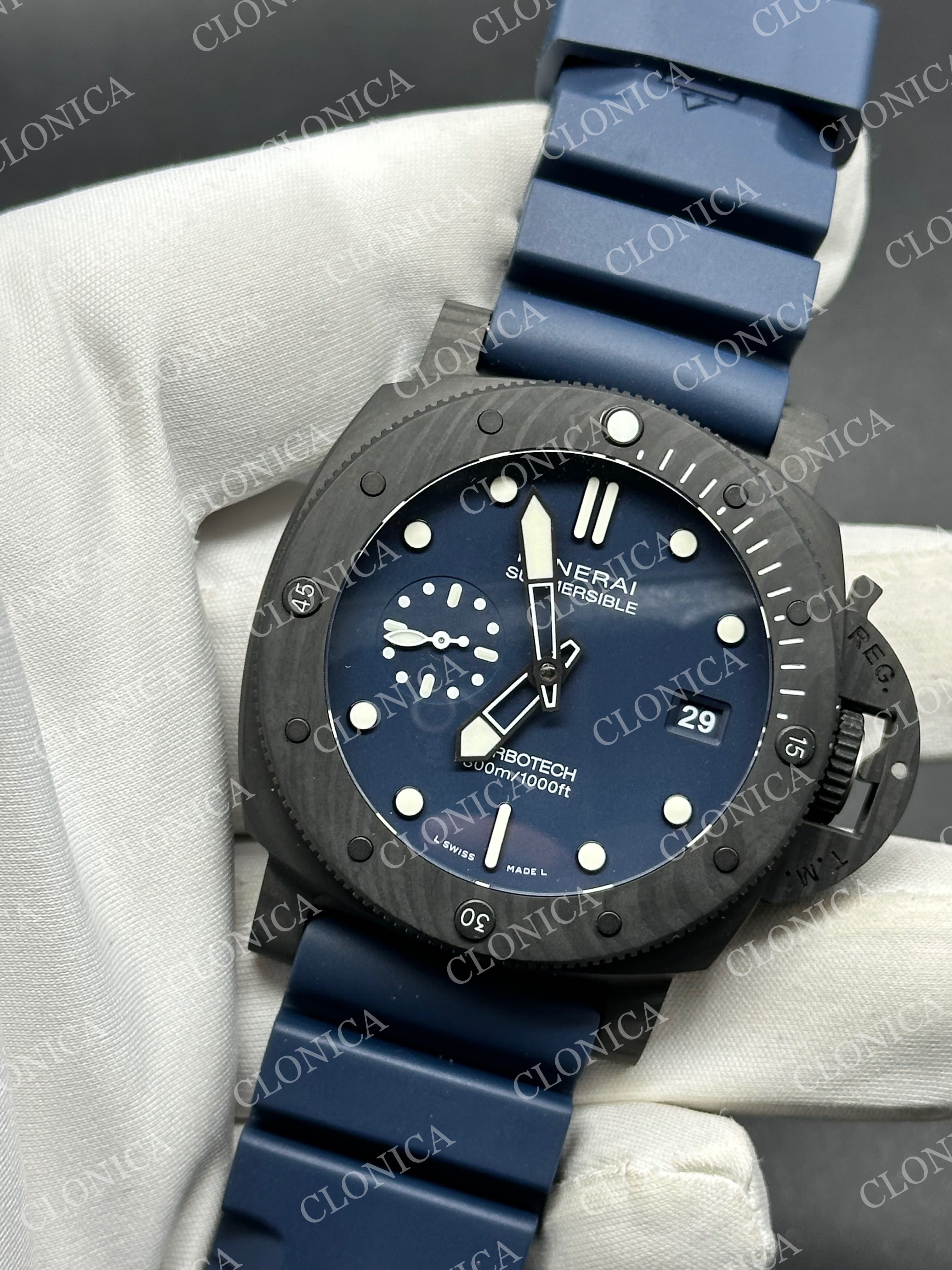 PAM1232 CARBOTECH 44MM BLUE DIAL BLUE MARKERS ON BLUE RUBBER STRAP P.9010 CLONE — view 3