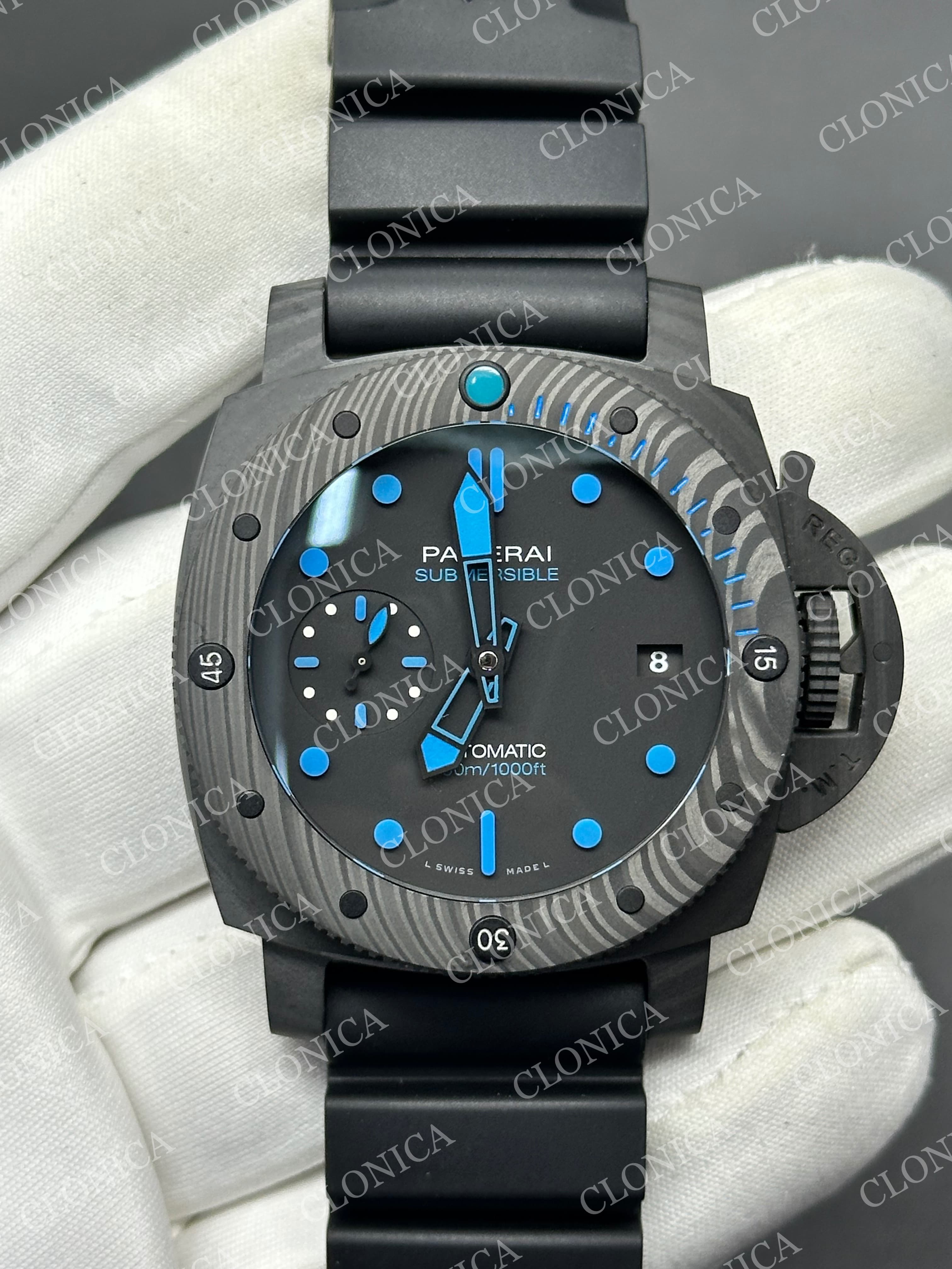 PAM960 CARBOTECH 42MM BLACK DIAL BLUE MARKERS ON RUBBER STRAP P.9010 CLONE — view 1
