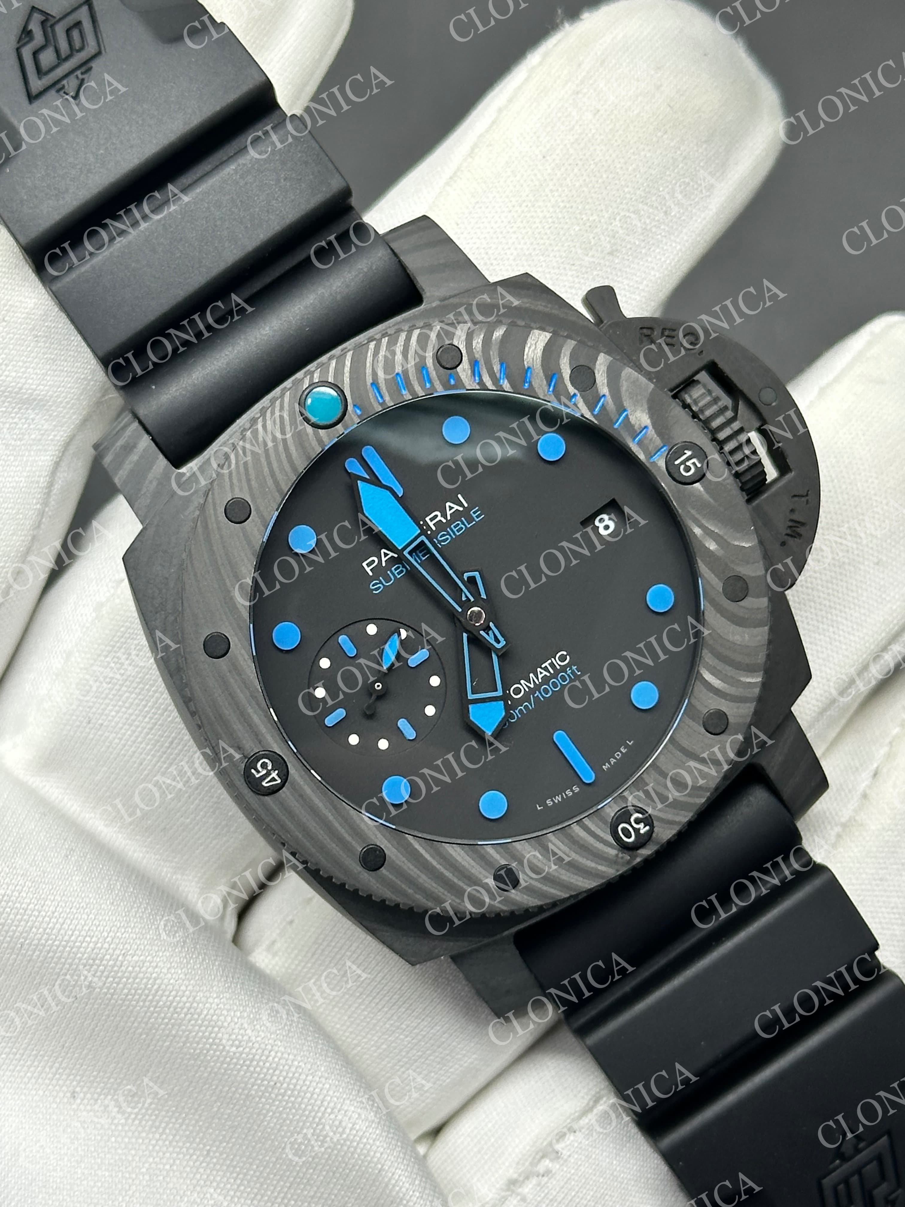 PAM960 CARBOTECH 42MM BLACK DIAL BLUE MARKERS ON RUBBER STRAP P.9010 CLONE — view 2