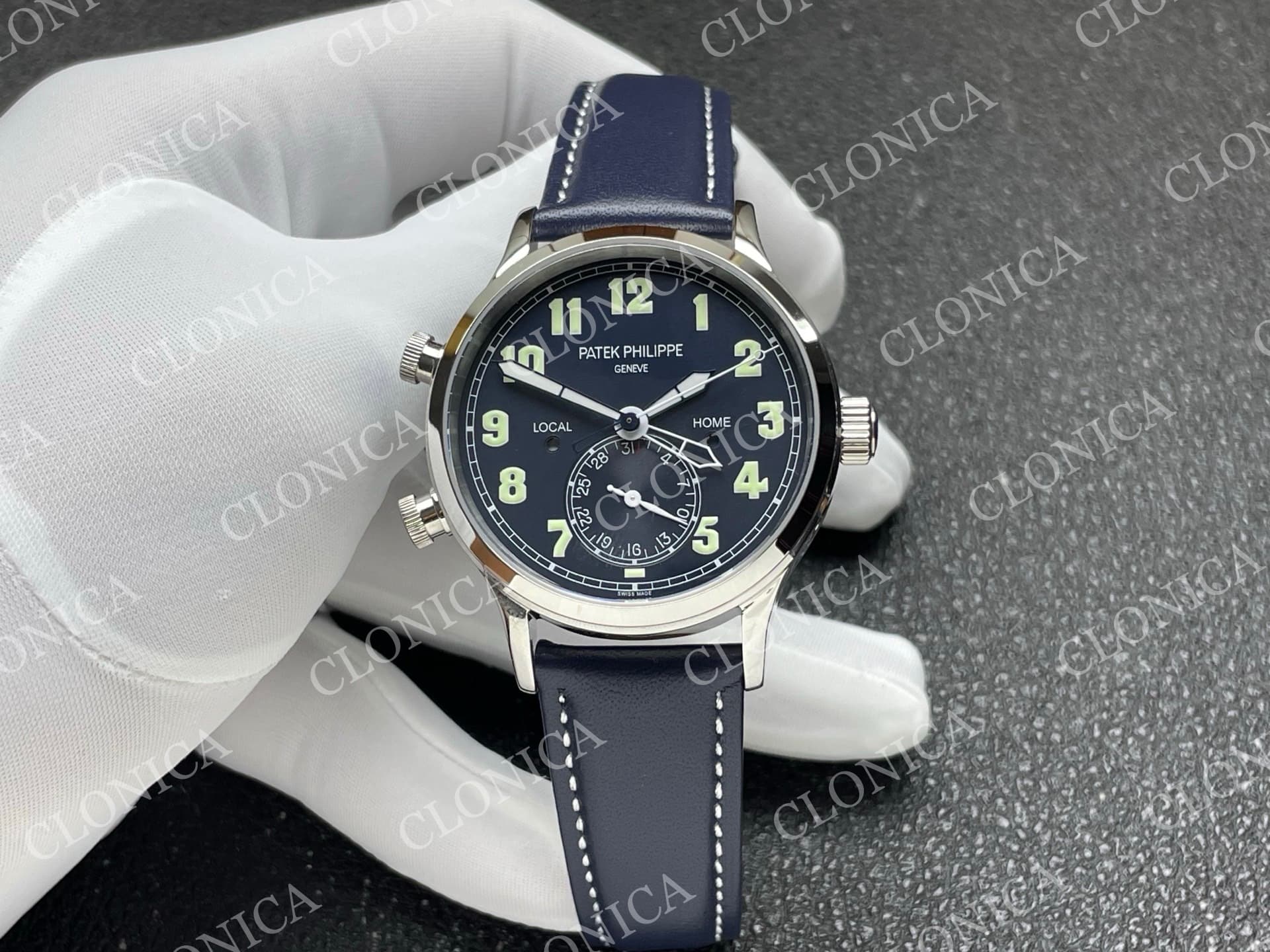 CALAVATRA TRAVEL TIME 5524 SS BLUE DIAL ON BLUE LEATHER STRAP — view 1
