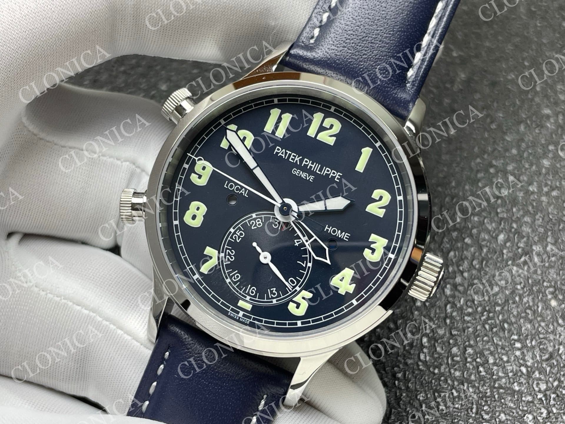 CALAVATRA TRAVEL TIME 5524 SS BLUE DIAL ON BLUE LEATHER STRAP — view 4