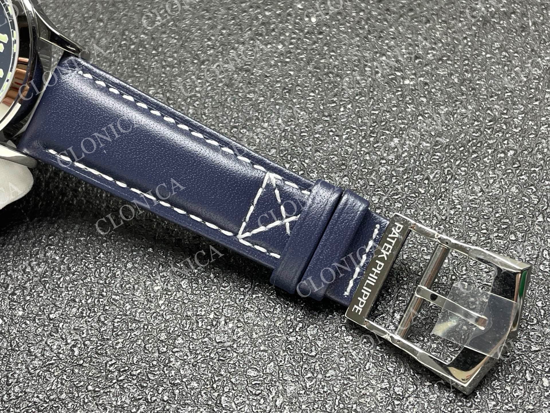 CALAVATRA TRAVEL TIME 5524 SS BLUE DIAL ON BLUE LEATHER STRAP — view 5