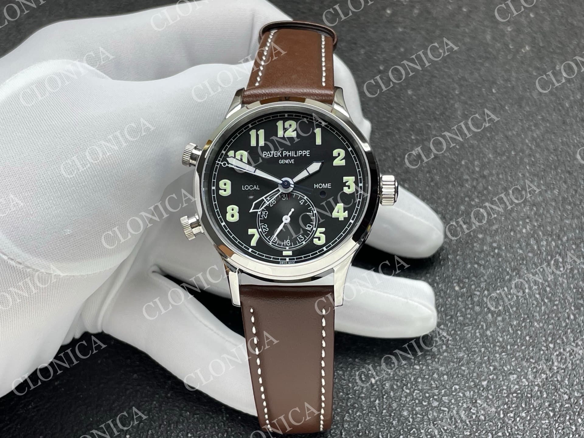 CALAVATRA TRAVEL TIME 5524 SS BLACK DIAL ON BROWN LEATHER STRAP — view 1