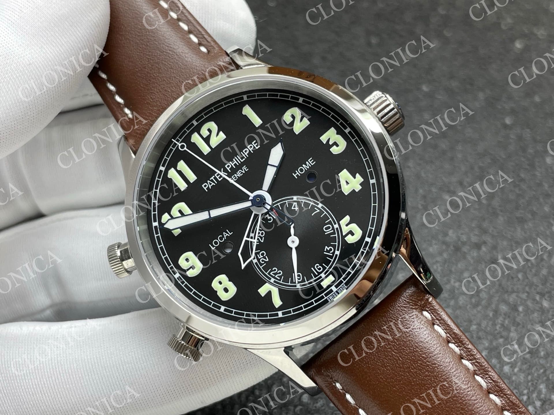 CALAVATRA TRAVEL TIME 5524 SS BLACK DIAL ON BROWN LEATHER STRAP — view 2