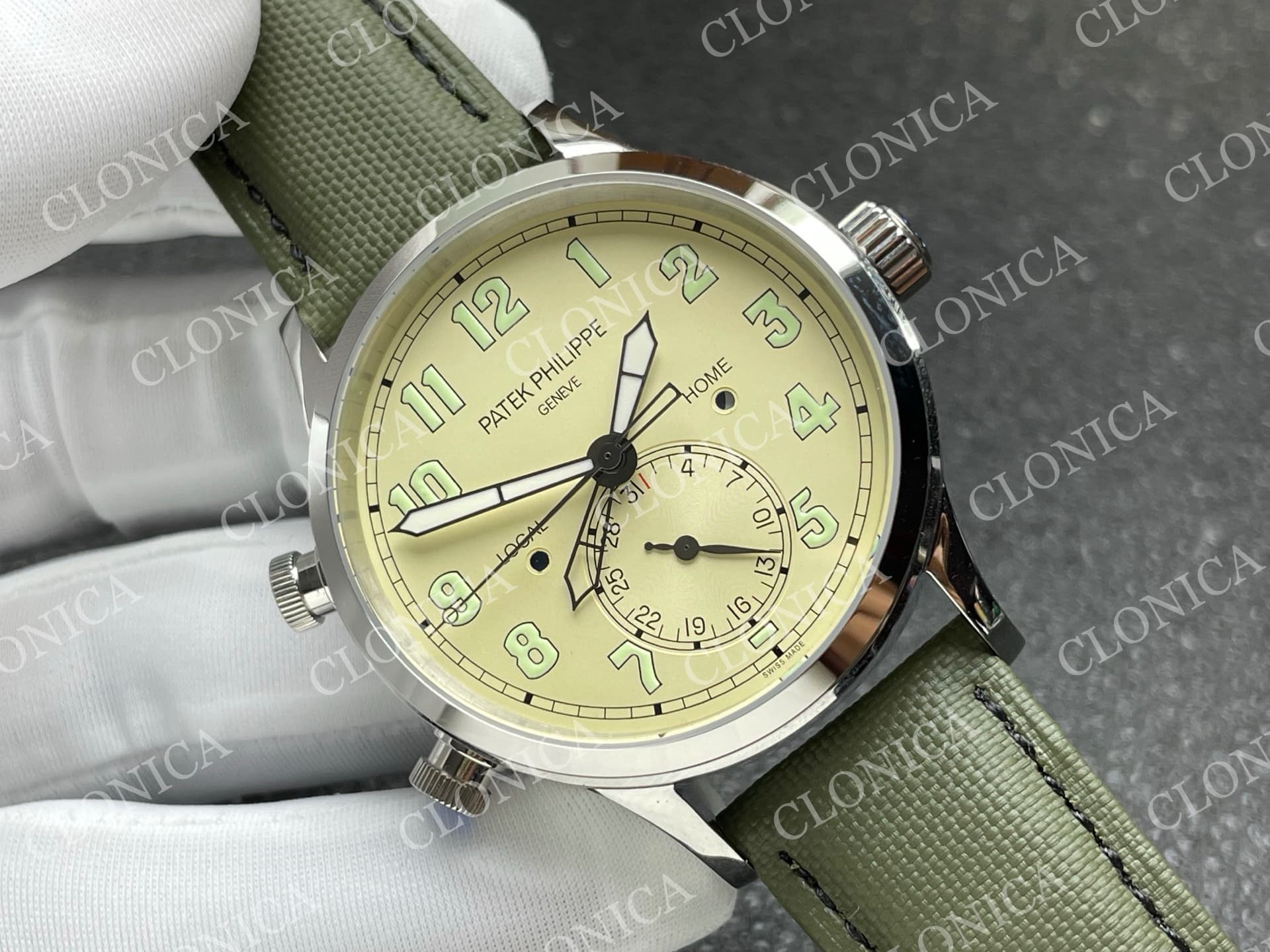CALAVATRA TRAVEL TIME 5524 SS BEIGE DIAL ON GREEN LEATHER STRAP — view 2