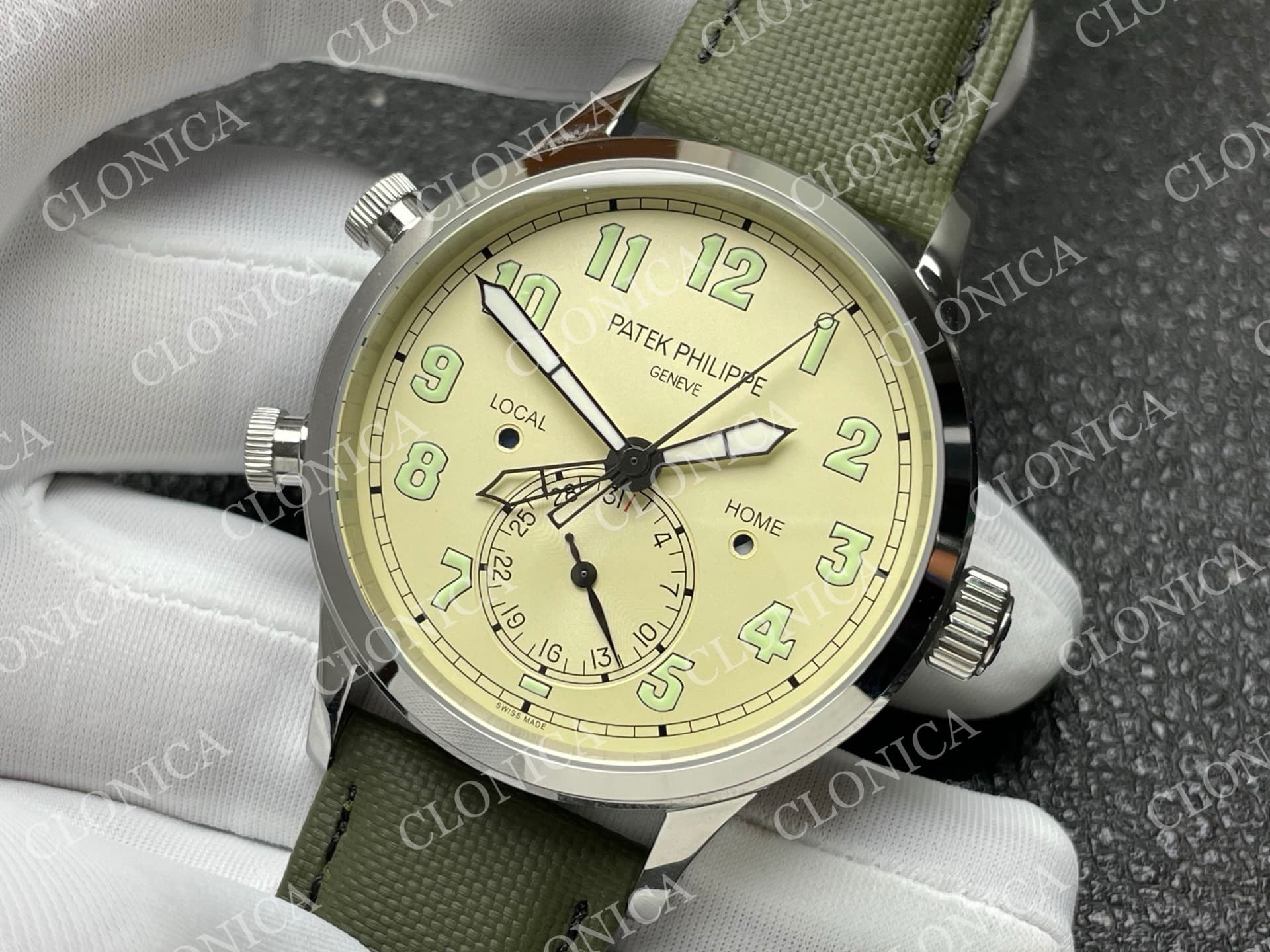 CALAVATRA TRAVEL TIME 5524 SS BEIGE DIAL ON GREEN LEATHER STRAP — view 4