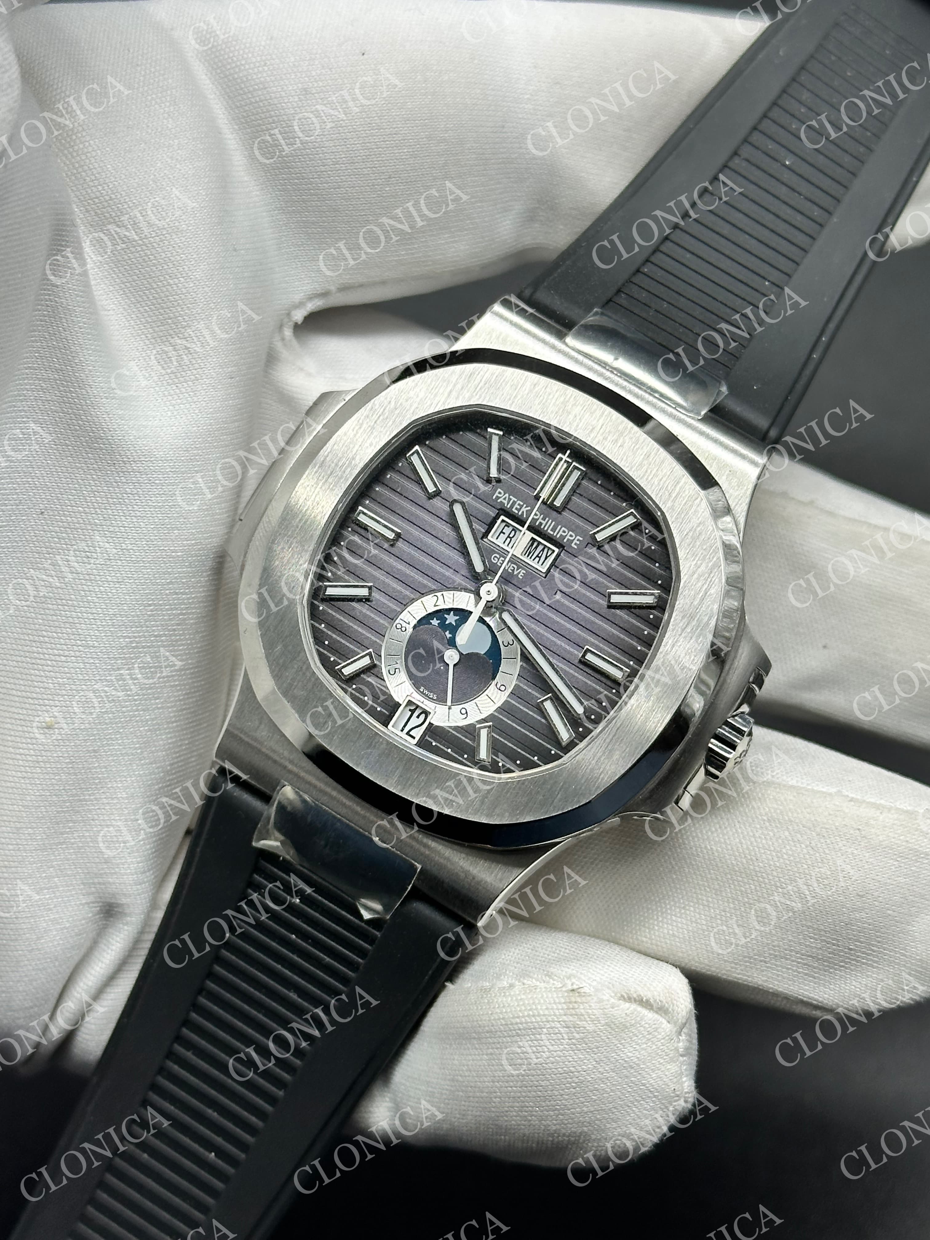 NAUTILUS 5726 FULL FUNCTION SS GRAY DIAL ON BLACK RUBBER STRAP — view 3