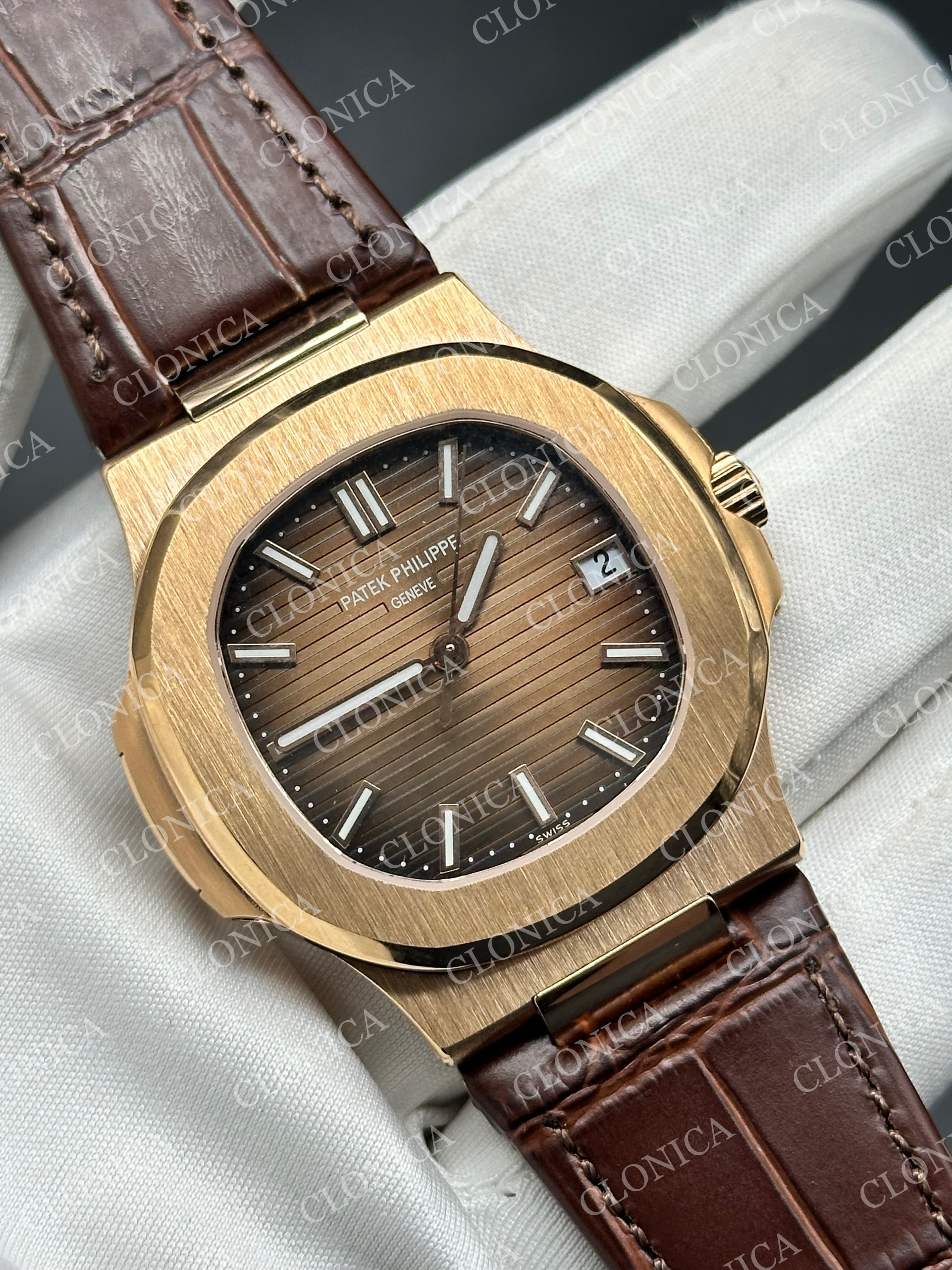 NAUTILUS 5711 BROWN TEXTURED DIAL ON BLACK LEATHER STRAP — view 2