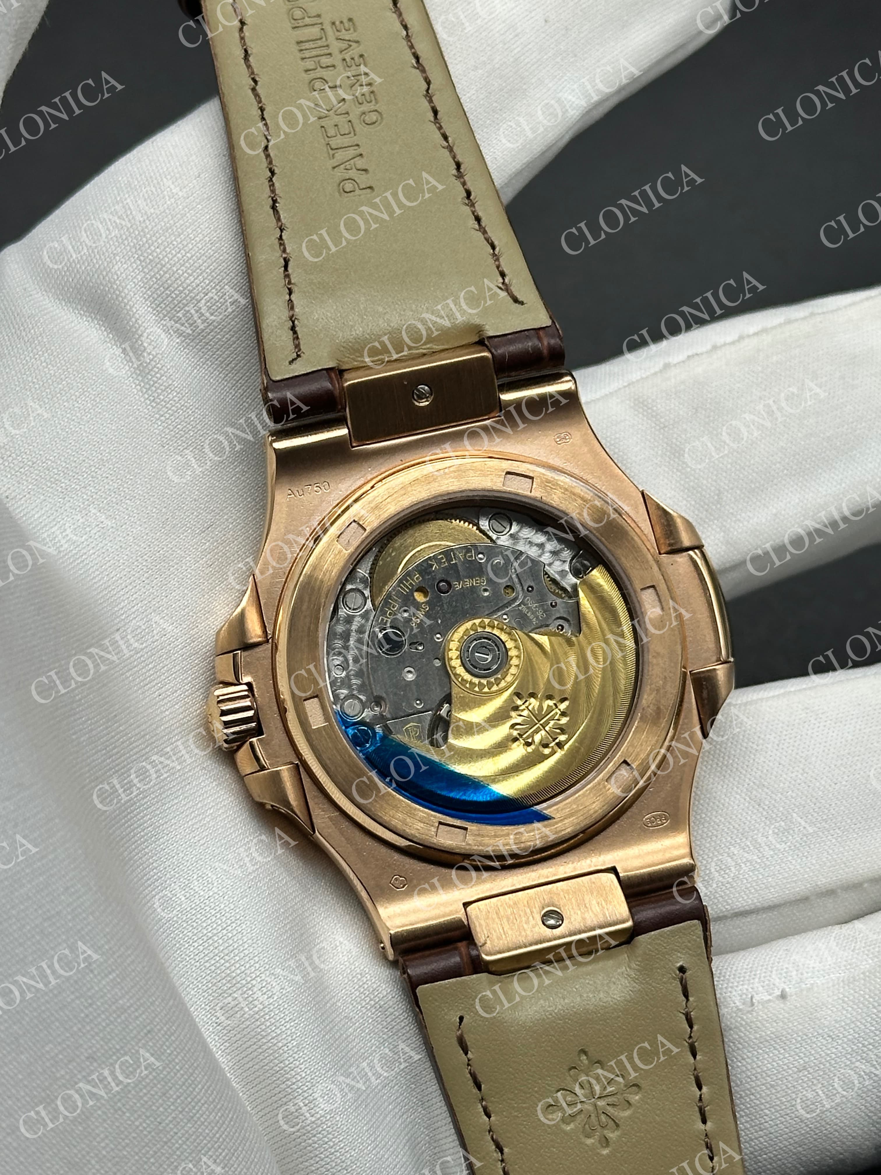 NAUTILUS 5711 BROWN TEXTURED DIAL ON BLACK LEATHER STRAP — view 5