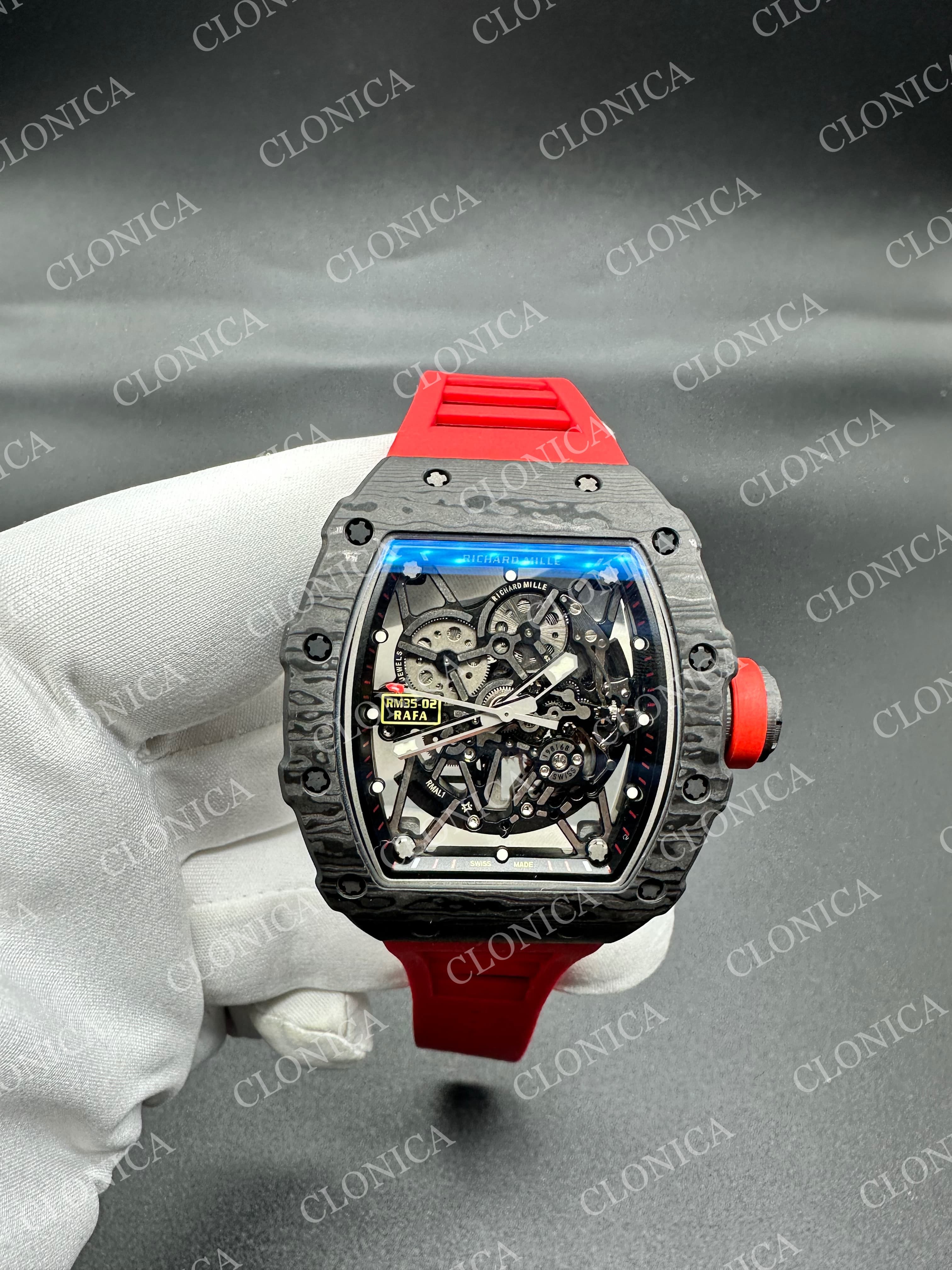 RM035-02 BLACK NTPT RED CROWN SKELETON DIAL ON RED RUBBER STRAP RMAL1 SUPER CLONE — view 1
